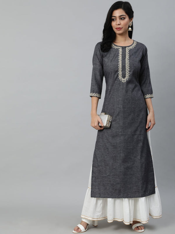 Women Grey Embroidered Straight Kurta With Three Quarter Sleeves | NOZ2TOZ - Made In INDIA.