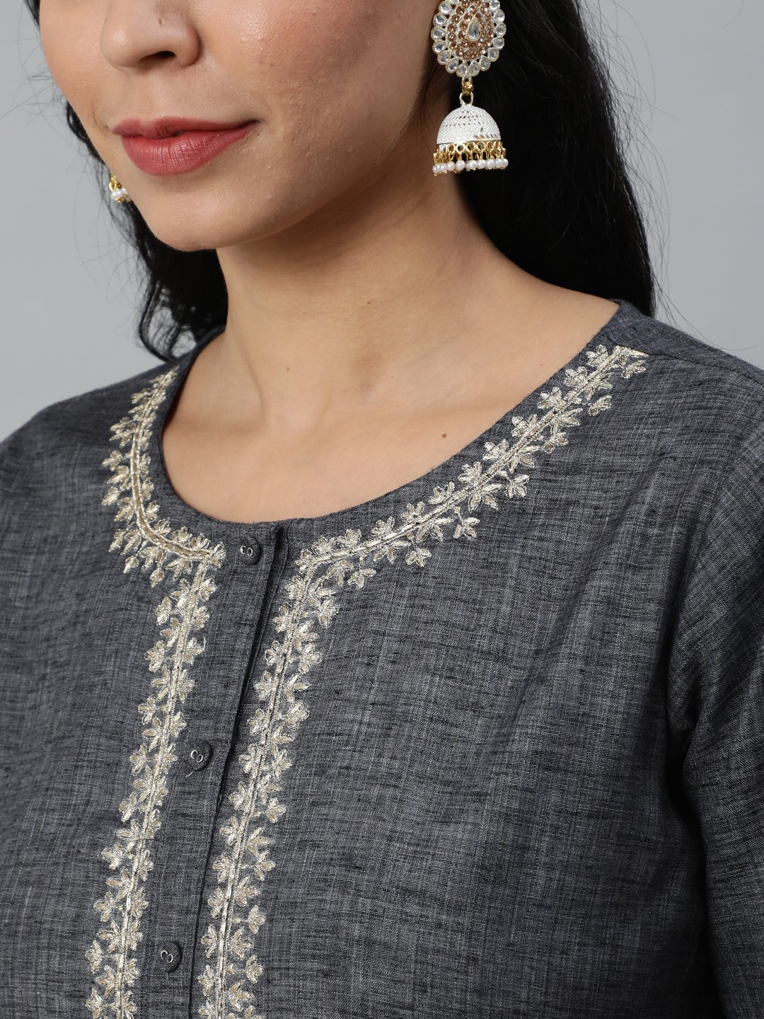 Women Grey Embroidered Straight Kurta With Three Quarter Sleeves | NOZ2TOZ - Made In INDIA.