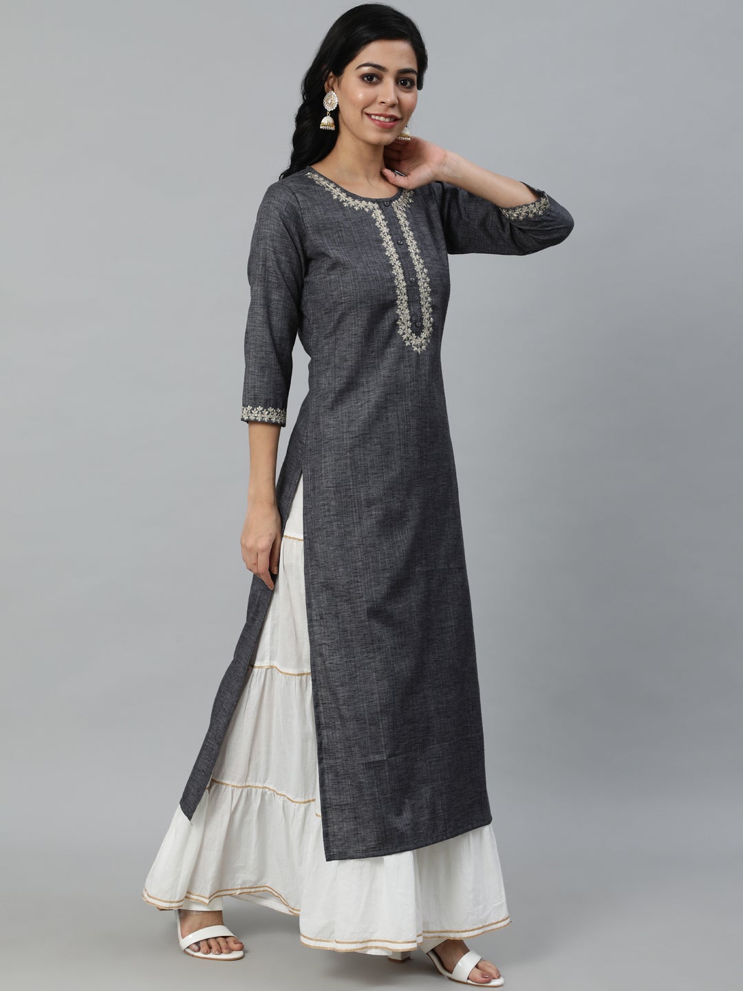 Women Grey Embroidered Straight Kurta With Three Quarter Sleeves | NOZ2TOZ - Made In INDIA.