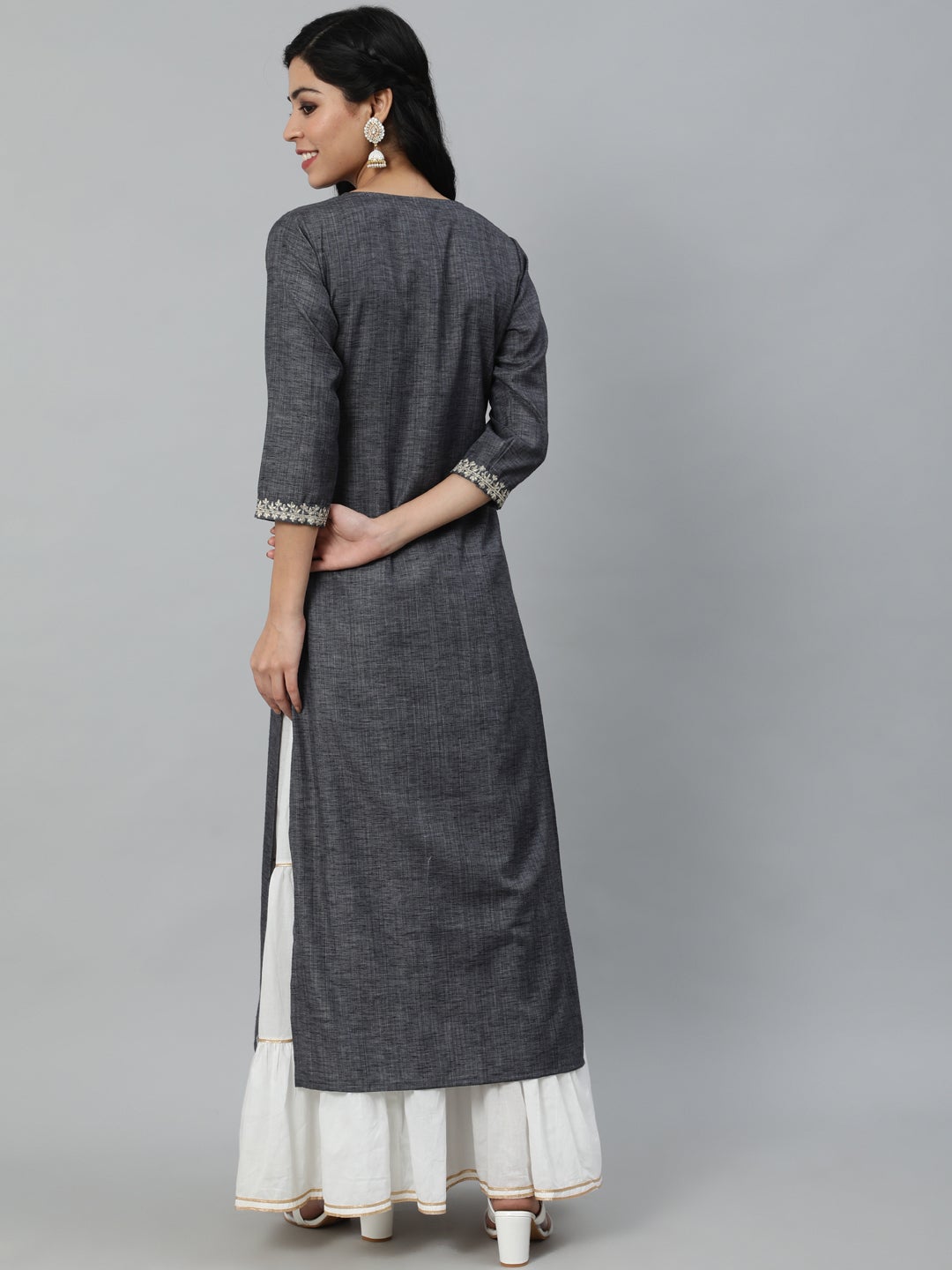 Women Grey Embroidered Straight Kurta With Three Quarter Sleeves | NOZ2TOZ - Made In INDIA.