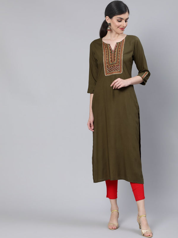 Women Olive Green Embroidered Straight Kurta with Three Quarter Sleeves | NOZ2TOZ - Made In INDIA.