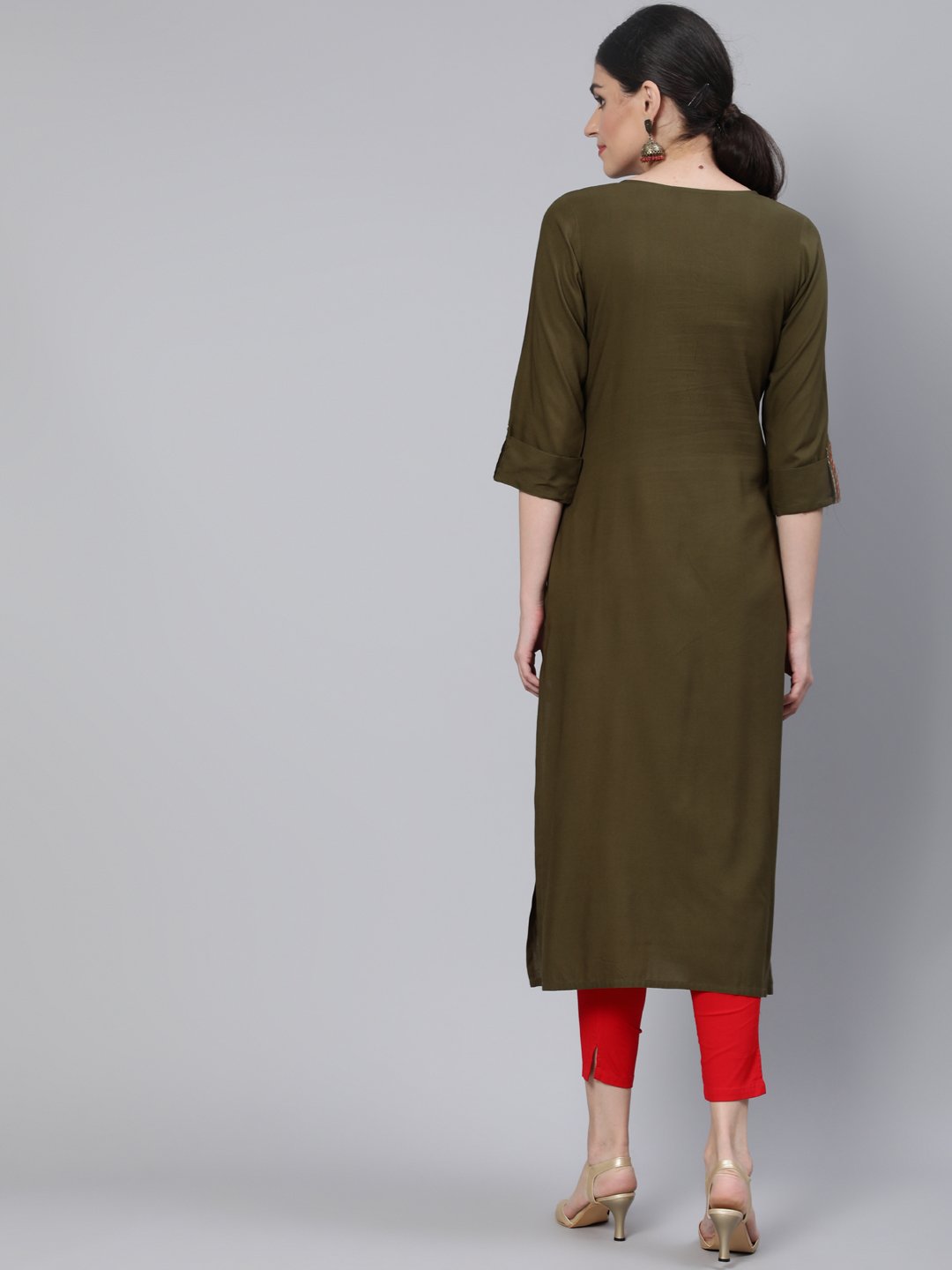 Women Olive Green Embroidered Straight Kurta with Three Quarter Sleeves | NOZ2TOZ - Made In INDIA.