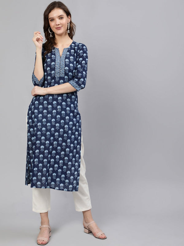 Women Blue Printed Hand Work Straight Kurta With Half Sleeves | NOZ2TOZ - Made In INDIA.