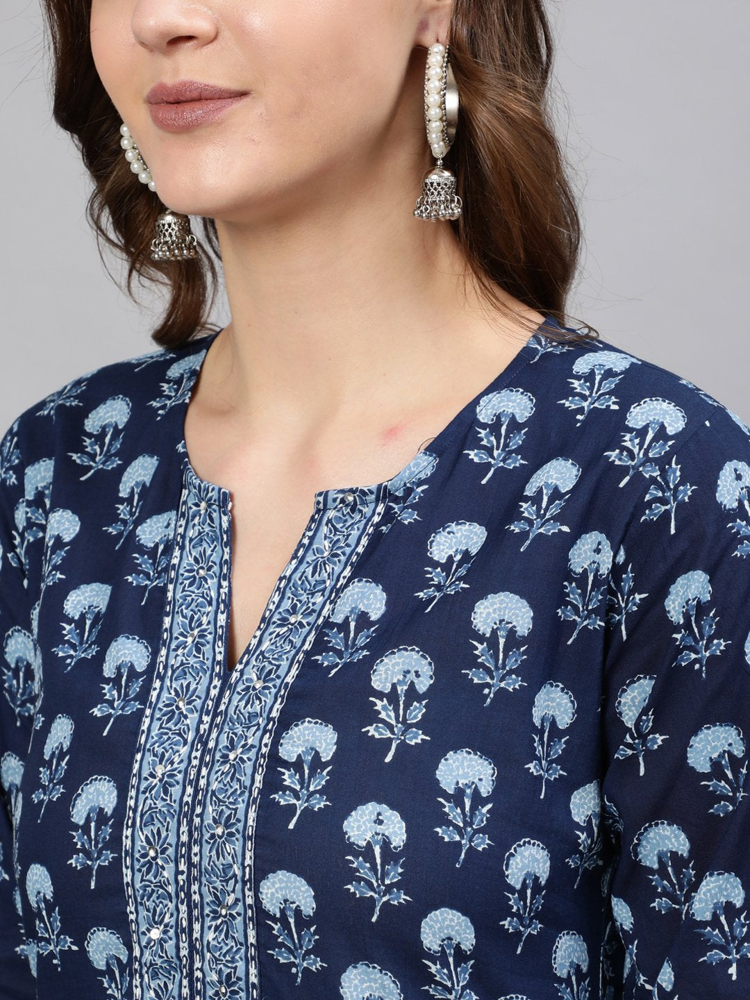 Women Blue Printed Hand Work Straight Kurta With Half Sleeves | NOZ2TOZ - Made In INDIA.