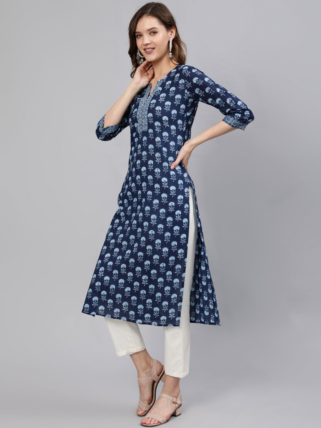 Women Blue Printed Hand Work Straight Kurta With Half Sleeves | NOZ2TOZ - Made In INDIA.