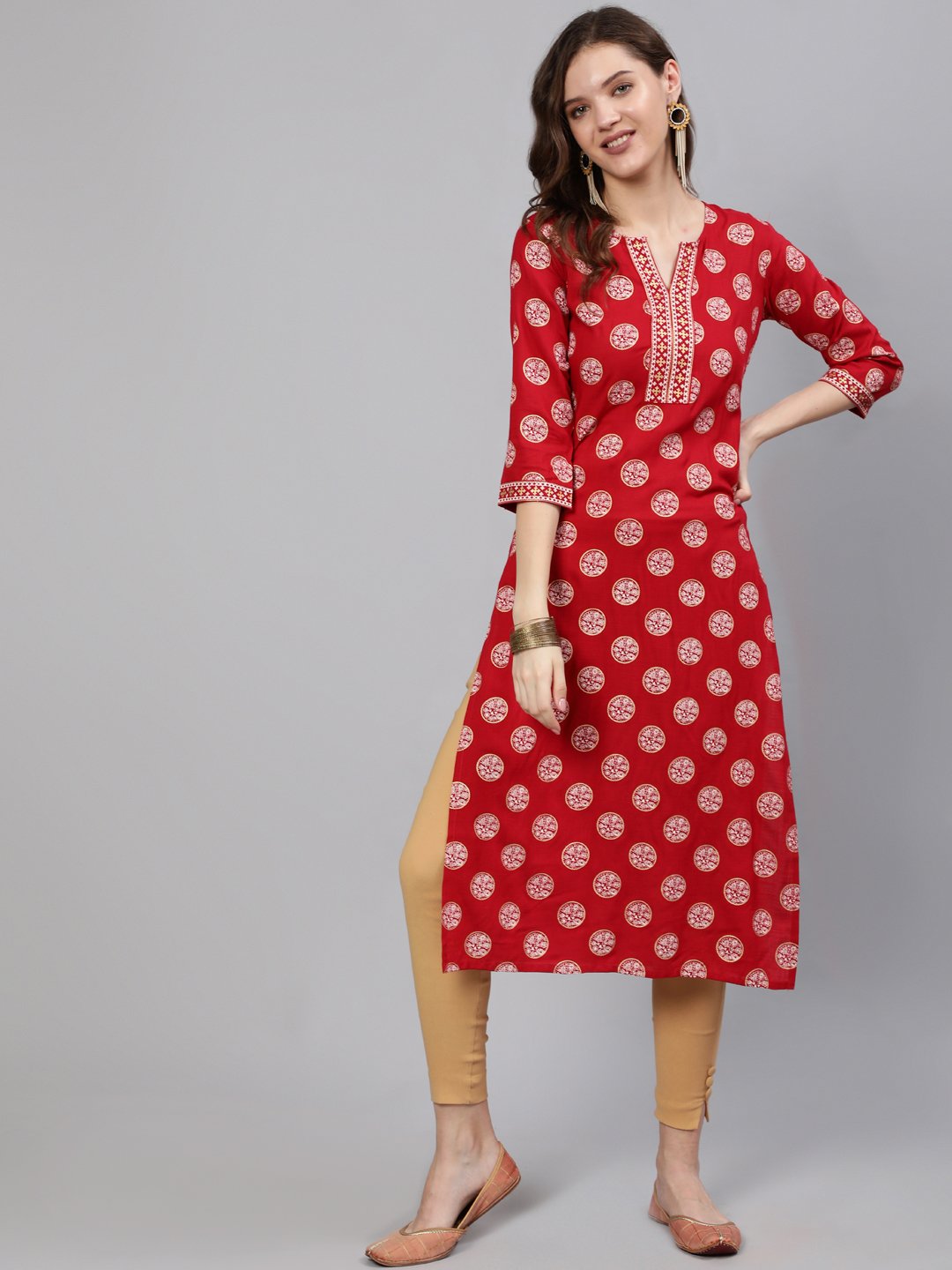 Women Red & Gold Printed  Straight Kurta With Half Sleeves | NOZ2TOZ - Made In INDIA.