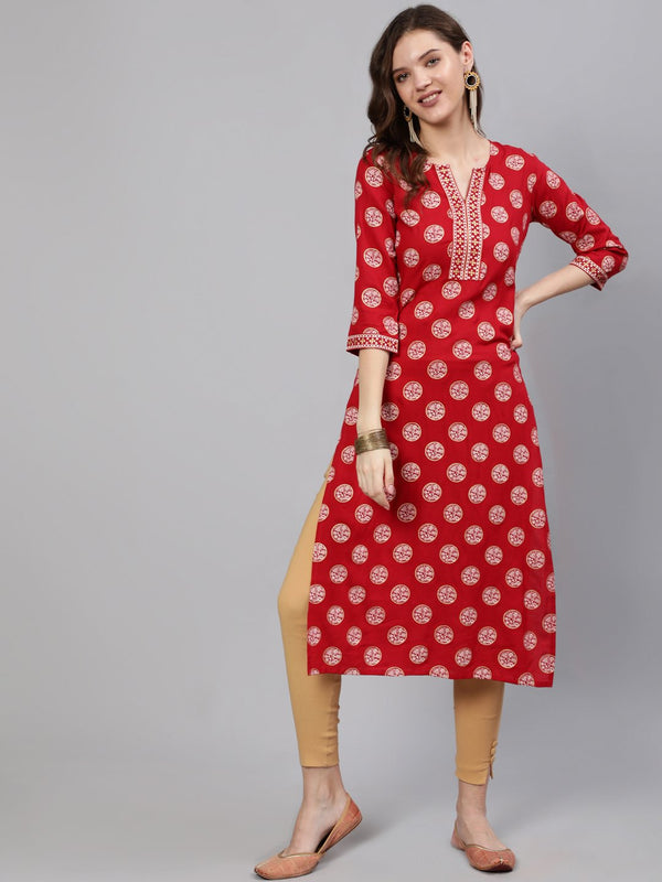 Women Red & Gold Printed  Straight Kurta With Half Sleeves | NOZ2TOZ - Made In INDIA.