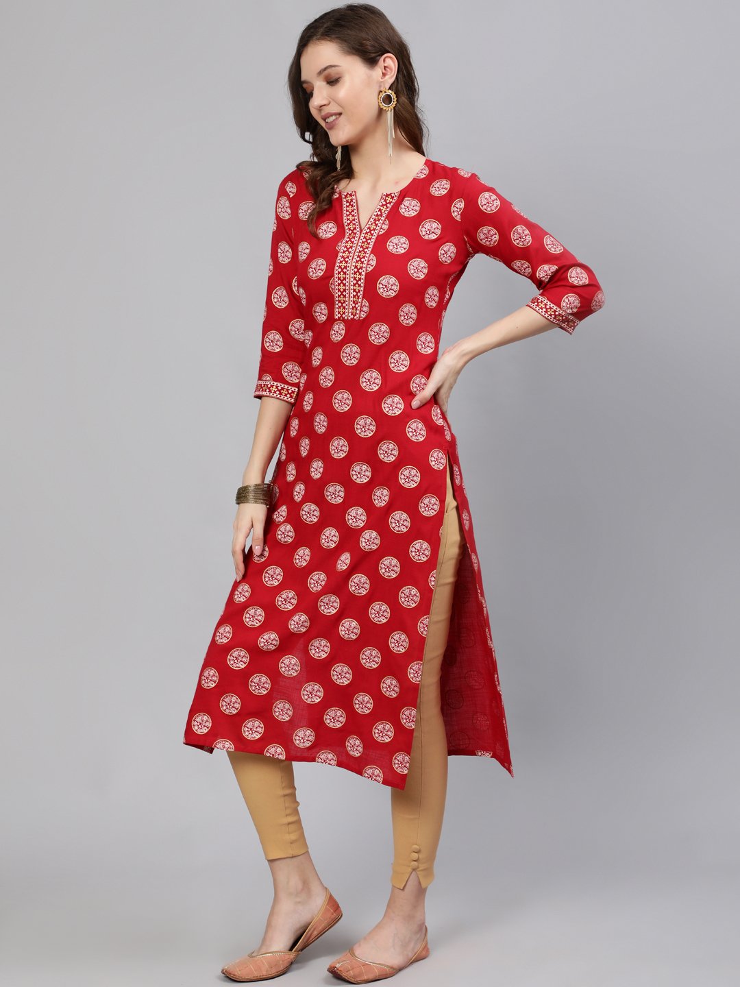 Women Red & Gold Printed  Straight Kurta With Half Sleeves | NOZ2TOZ - Made In INDIA.