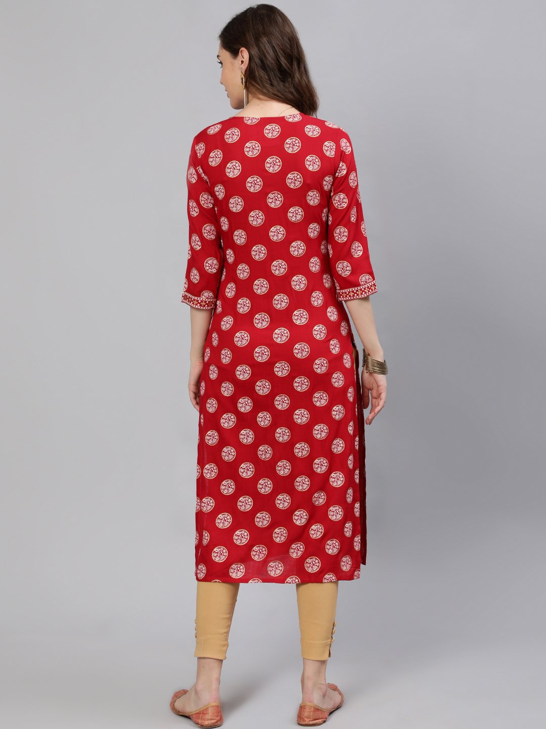 Women Red & Gold Printed  Straight Kurta With Half Sleeves | NOZ2TOZ - Made In INDIA.