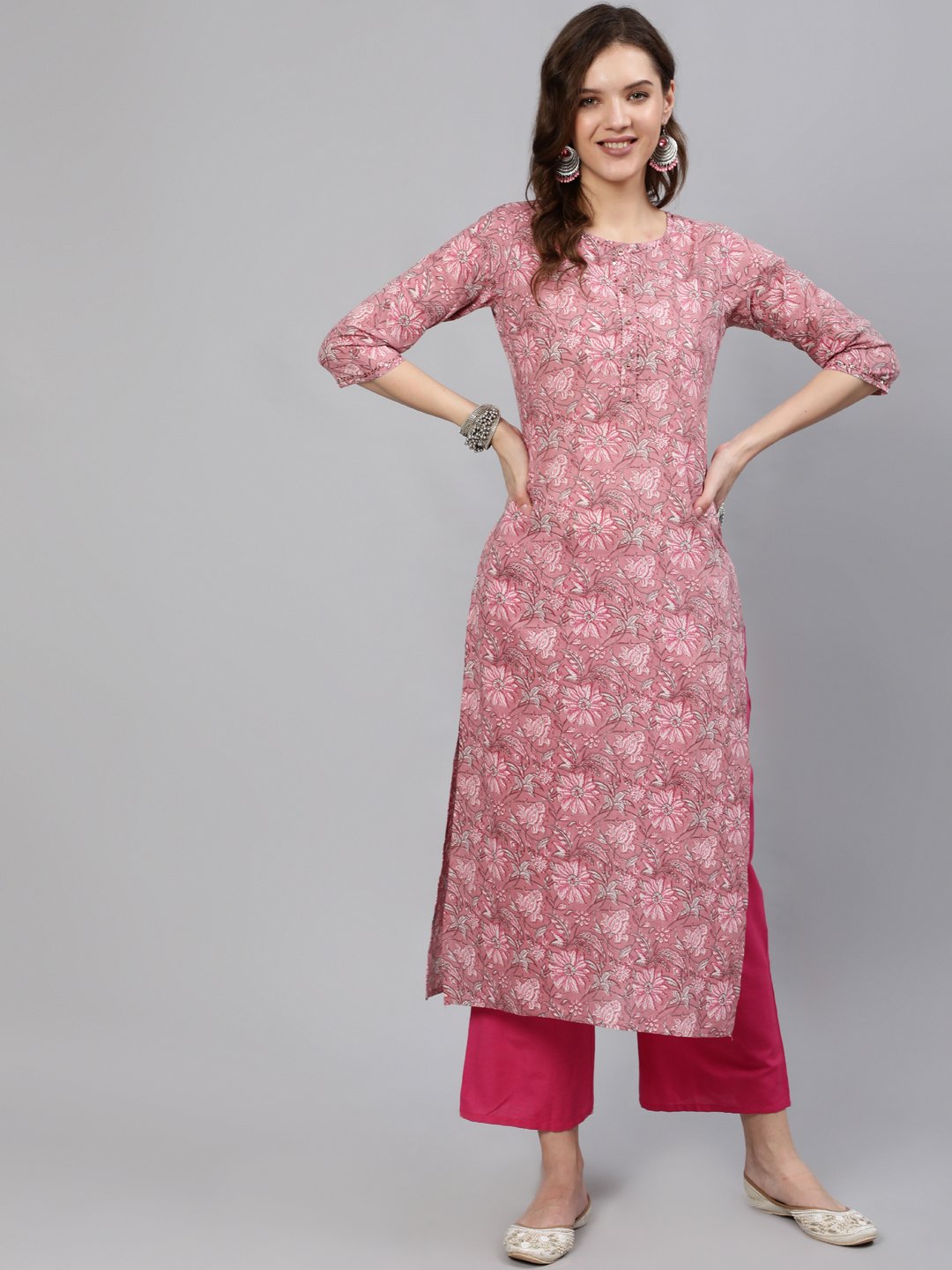 Women Pink Printed Hand Work Straight Kurta With Three Quarter Sleeves | NOZ2TOZ - Made In INDIA.