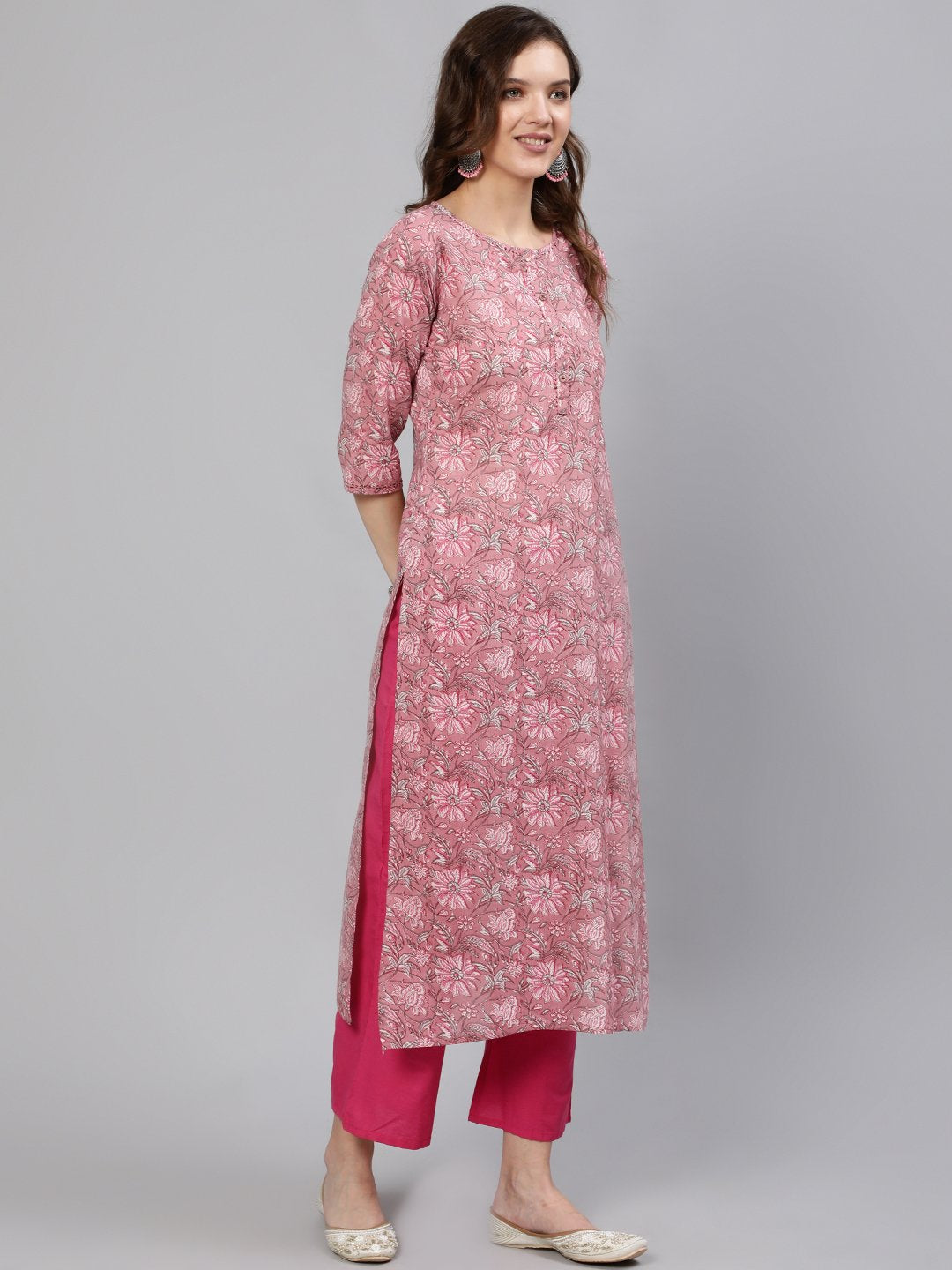 Women Pink Printed Hand Work Straight Kurta With Three Quarter Sleeves | NOZ2TOZ - Made In INDIA.