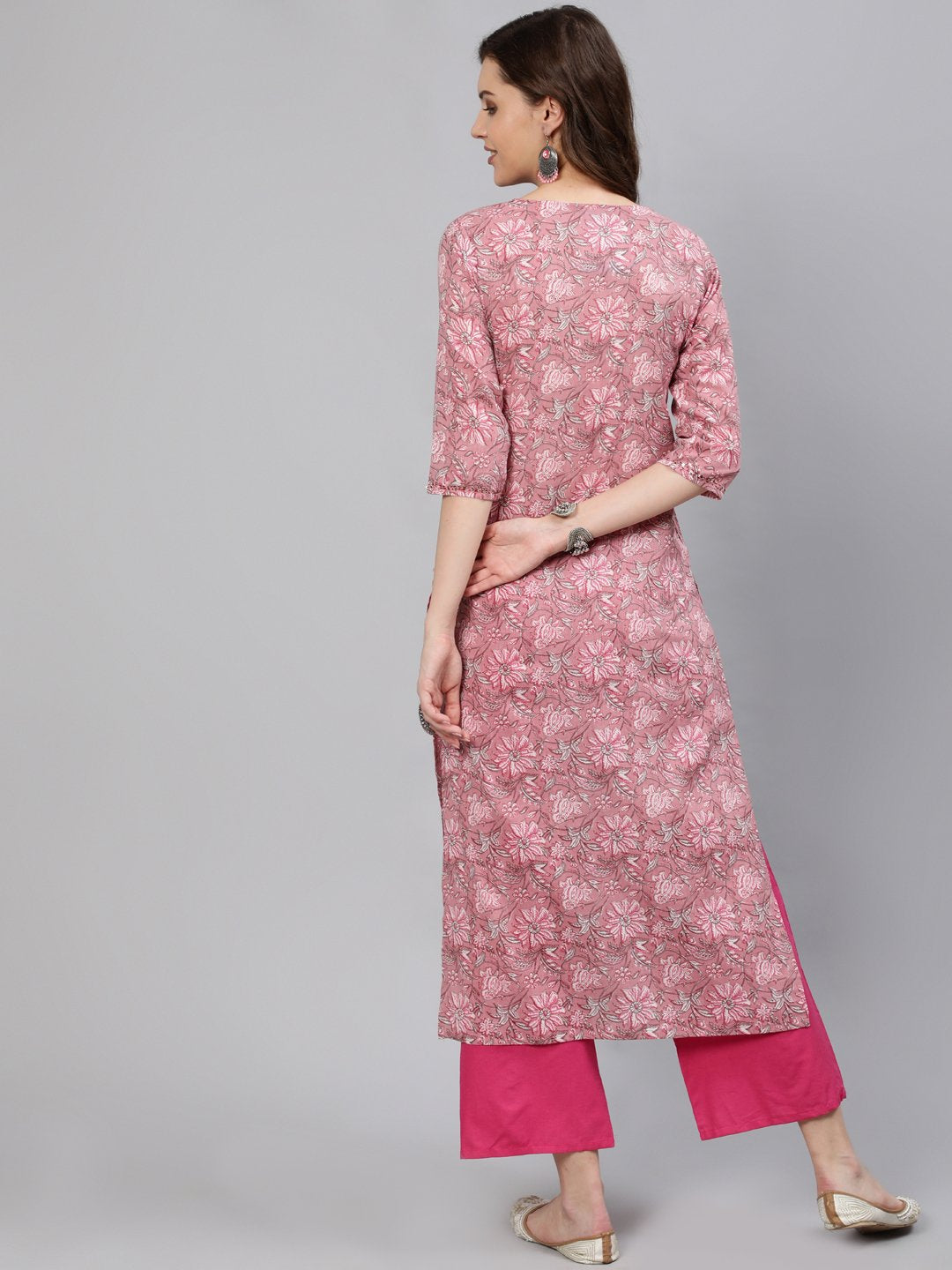 Women Pink Printed Hand Work Straight Kurta With Three Quarter Sleeves | NOZ2TOZ - Made In INDIA.