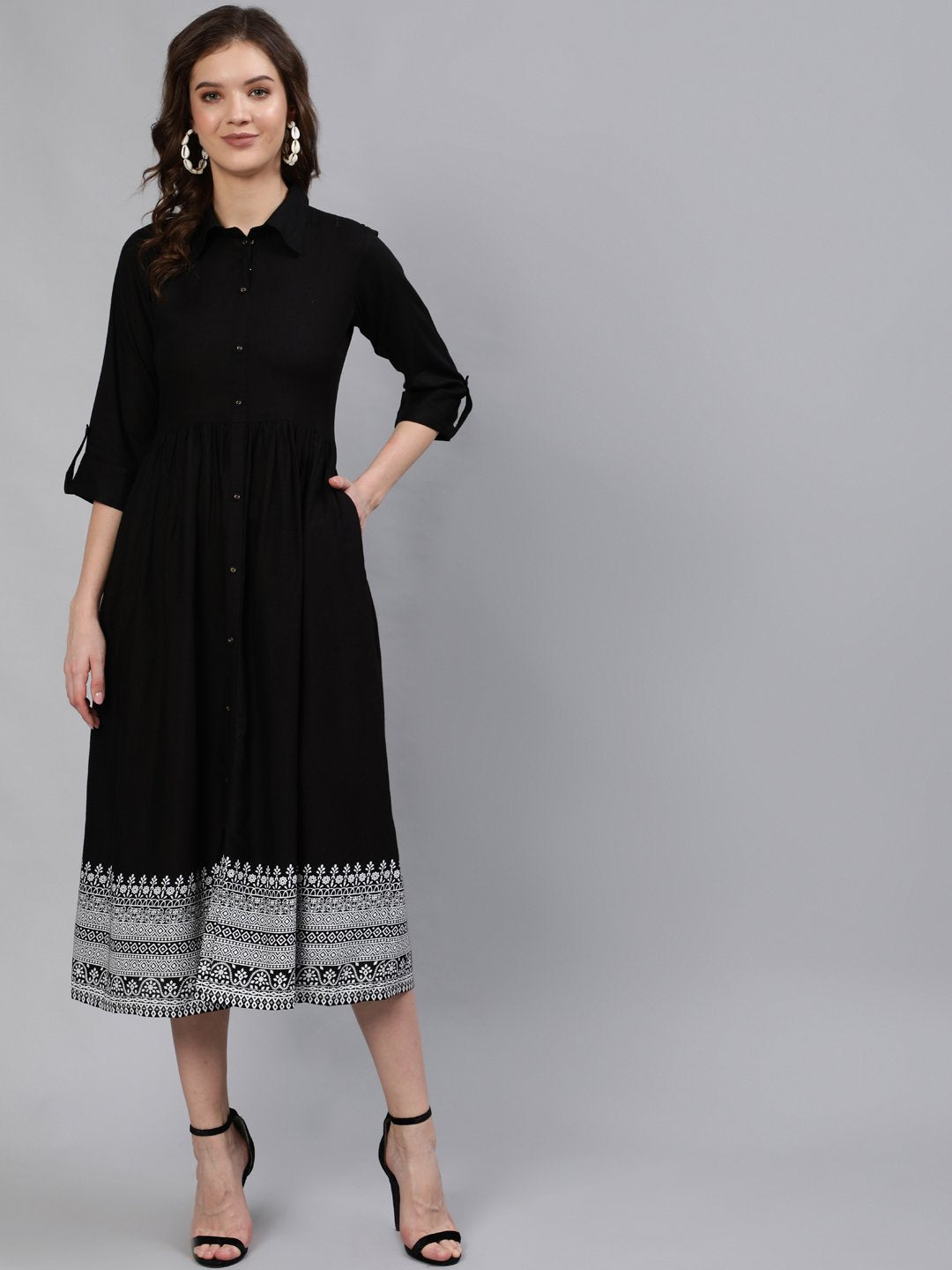 Women Black Midi Dress With Three Quarter Sleeves | NOZ2TOZ - Made In INDIA.