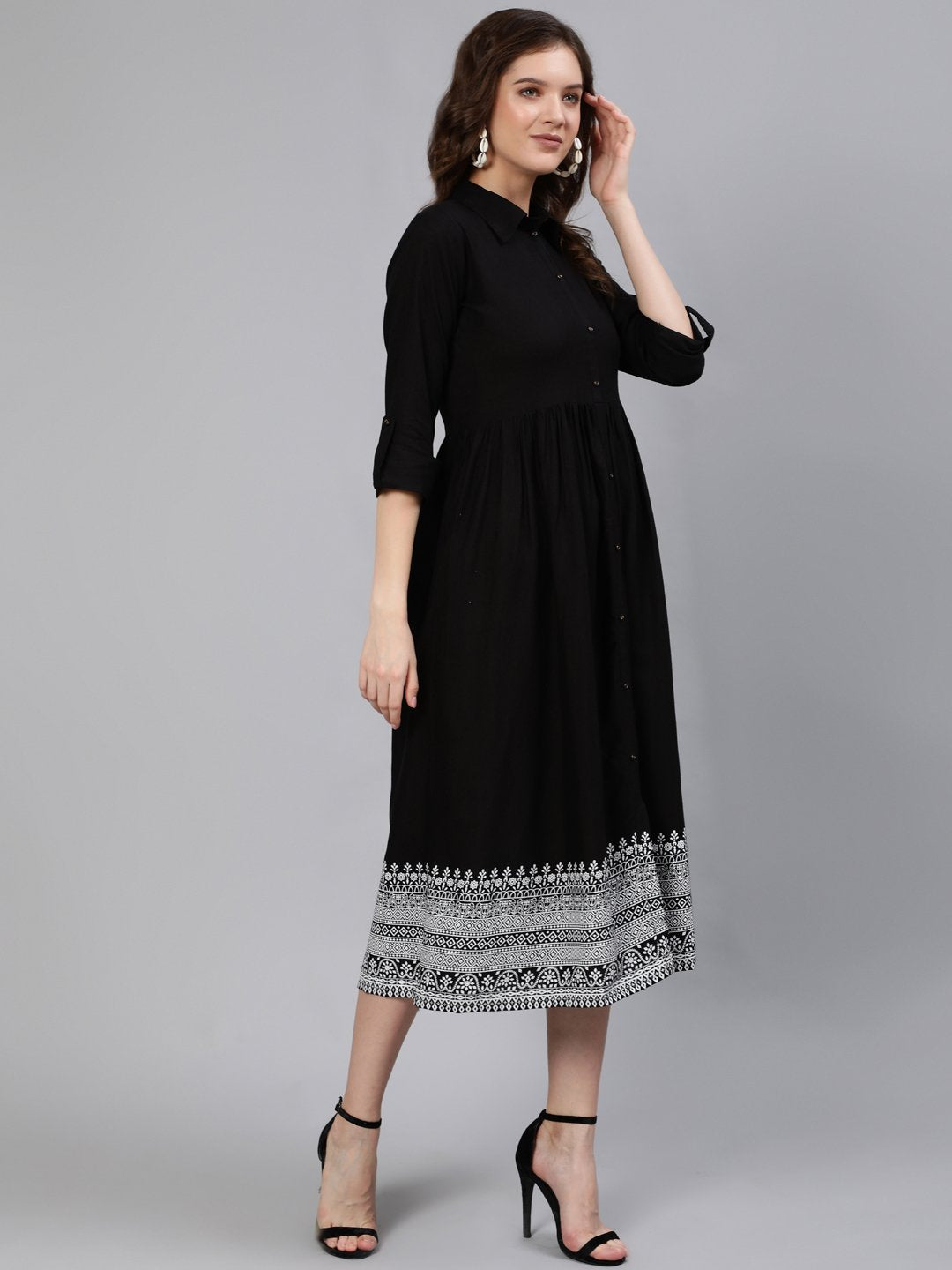 Women Black Midi Dress With Three Quarter Sleeves | NOZ2TOZ - Made In INDIA.