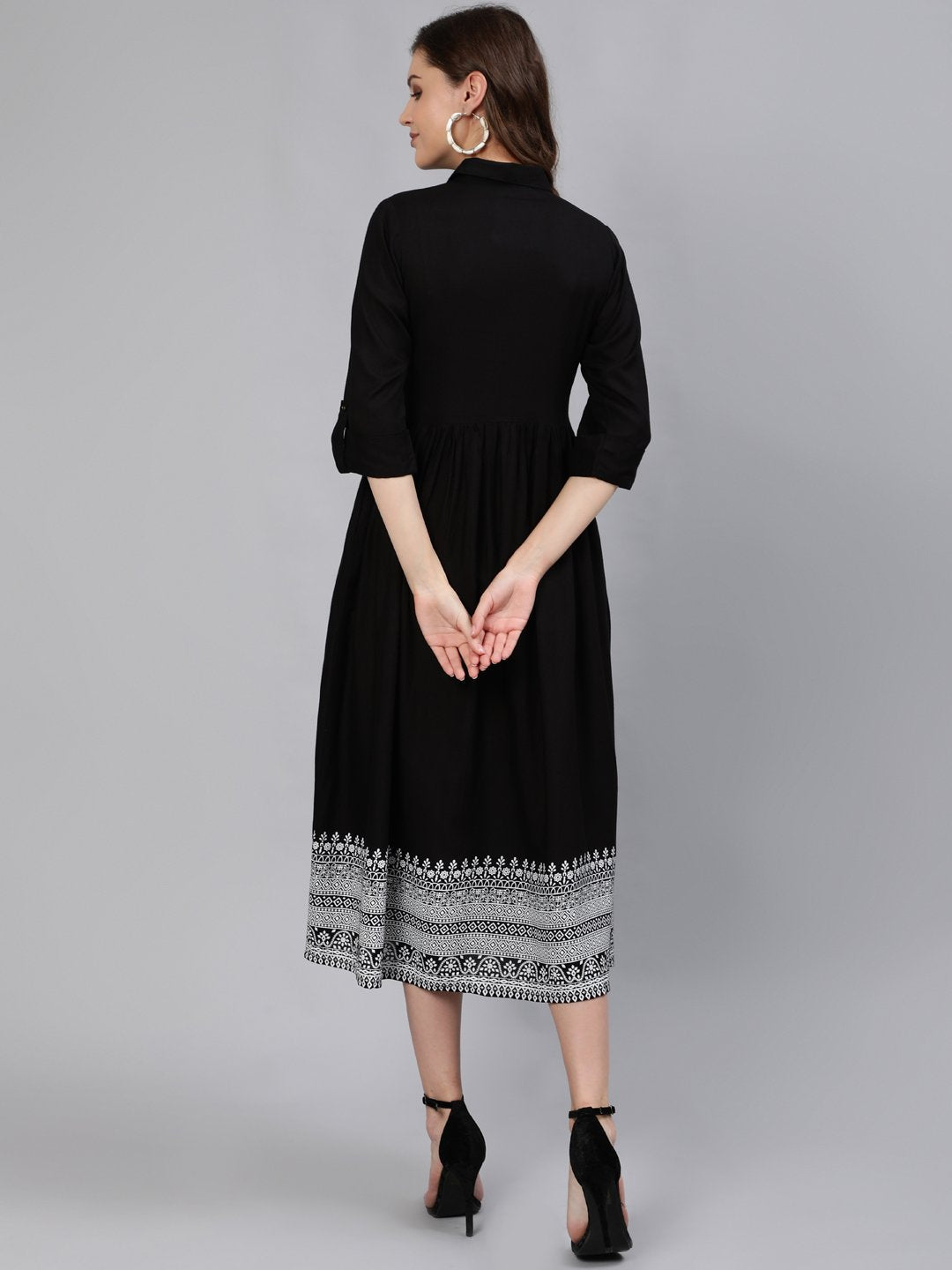 Women Black Midi Dress With Three Quarter Sleeves | NOZ2TOZ - Made In INDIA.