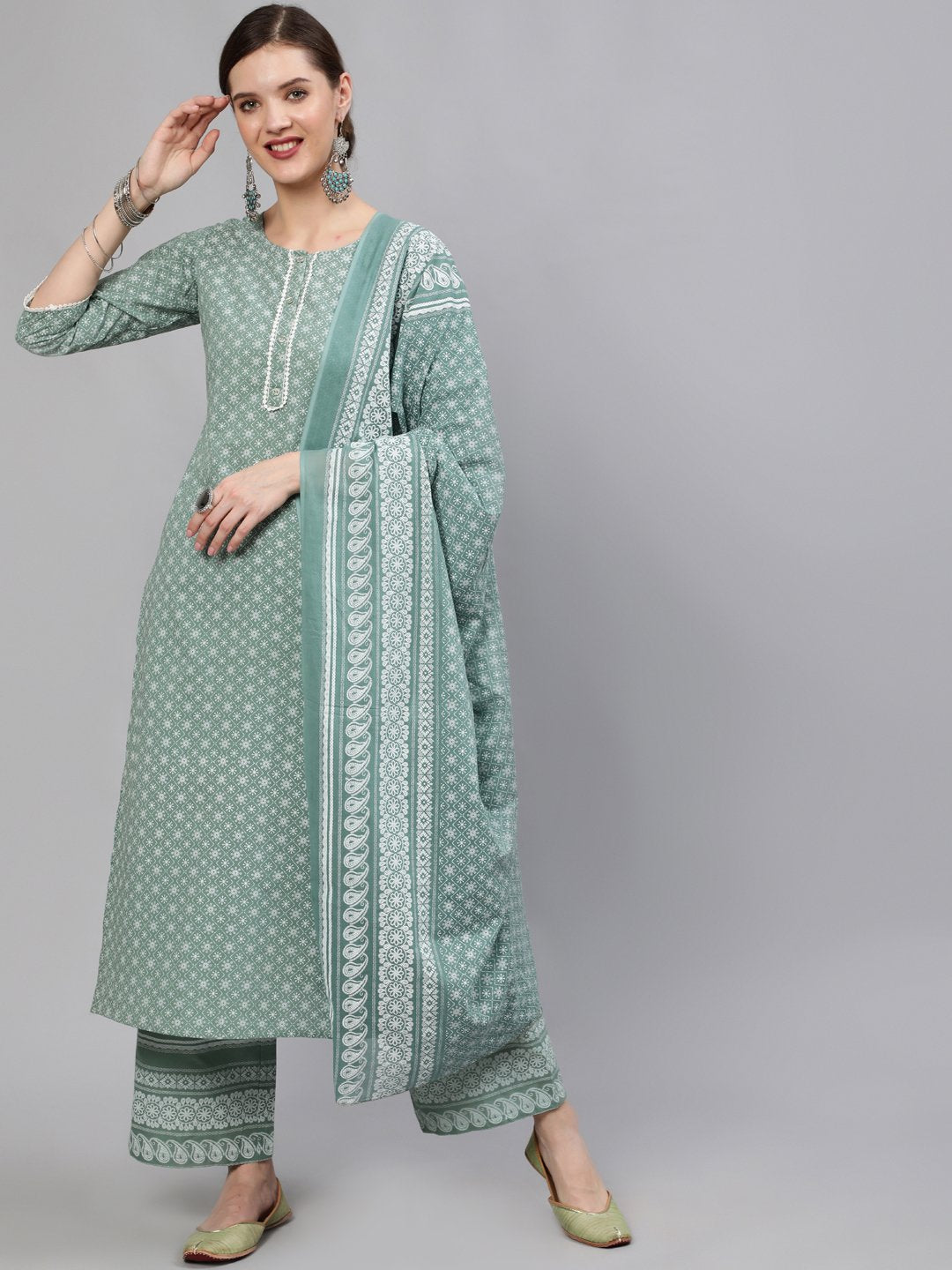 Women Green Floral Printed Straight Kurta With Plazo & Dupatta | NOZ2TOZ - Made In INDIA.