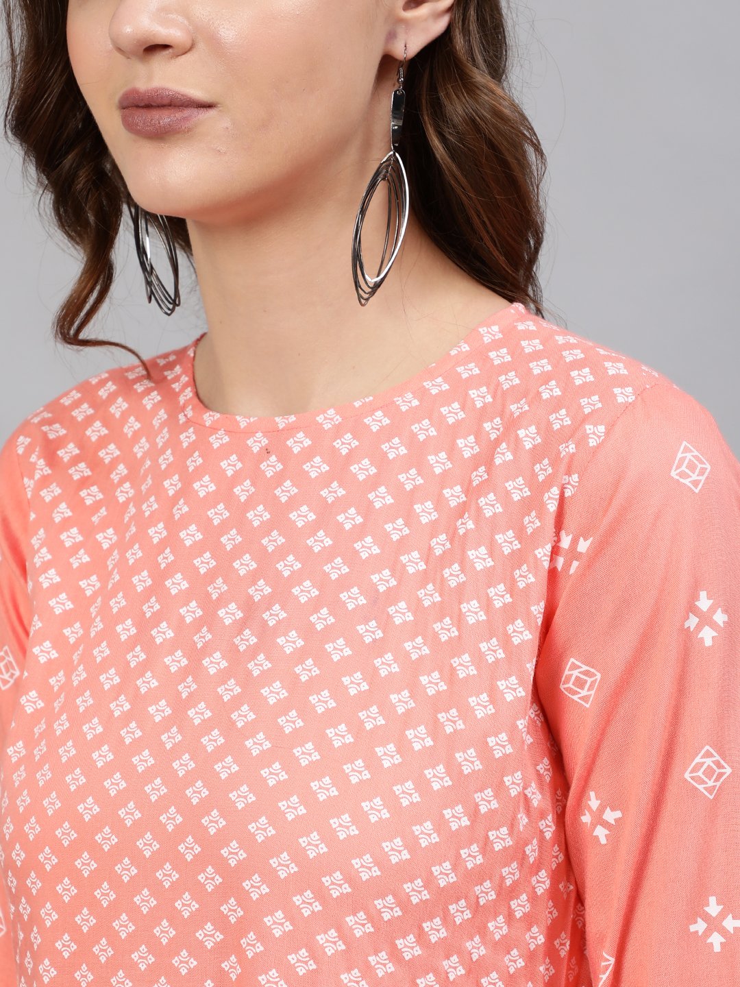 Women Peach Printed Dress With Three Quarter Sleeves | NOZ2TOZ - Made In INDIA.