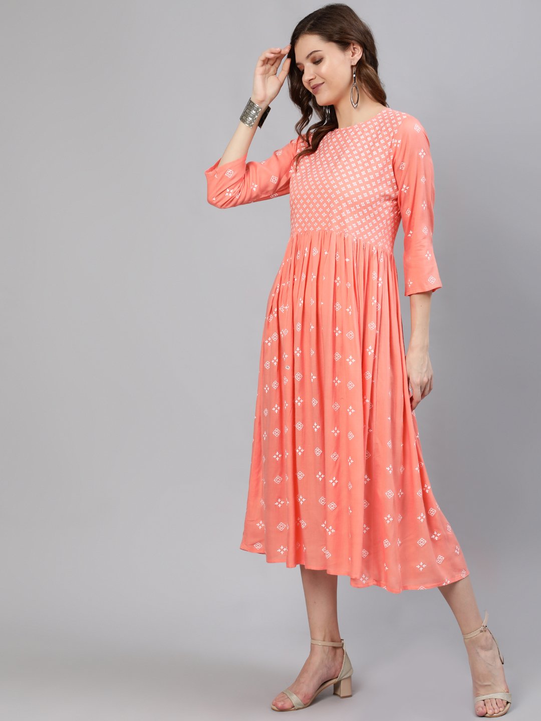 Women Peach Printed Dress With Three Quarter Sleeves | NOZ2TOZ - Made In INDIA.