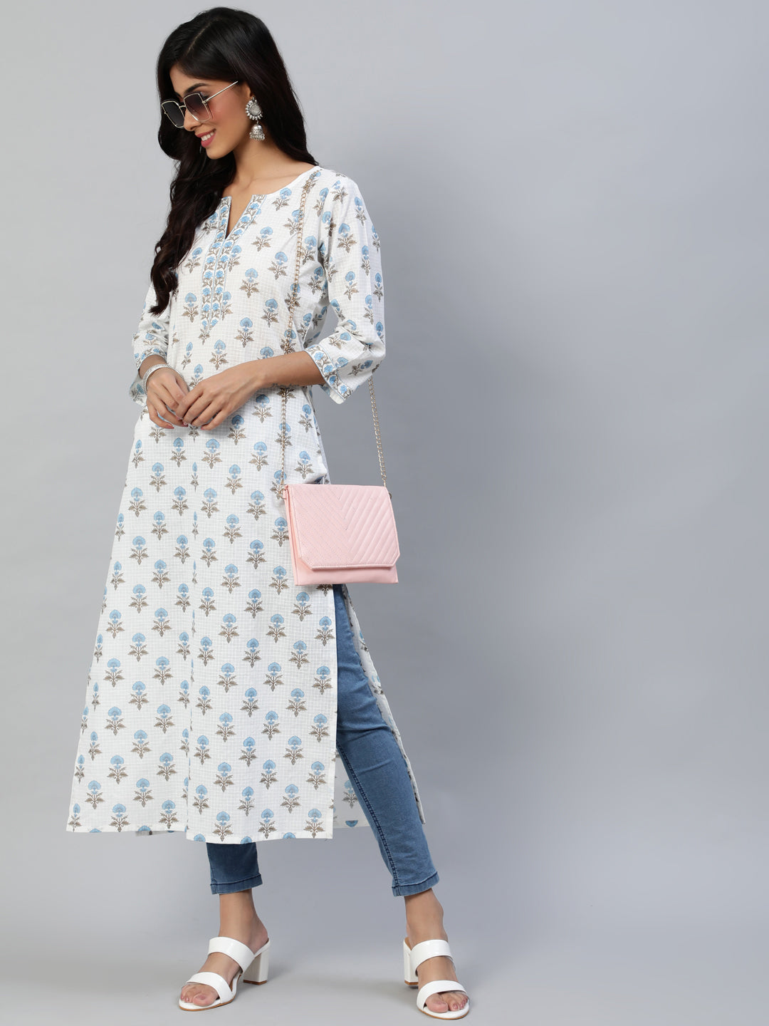 Women Off White Printed Straight Kurta With Three Quarter Sleeves | NOZ2TOZ - Made In INDIA.