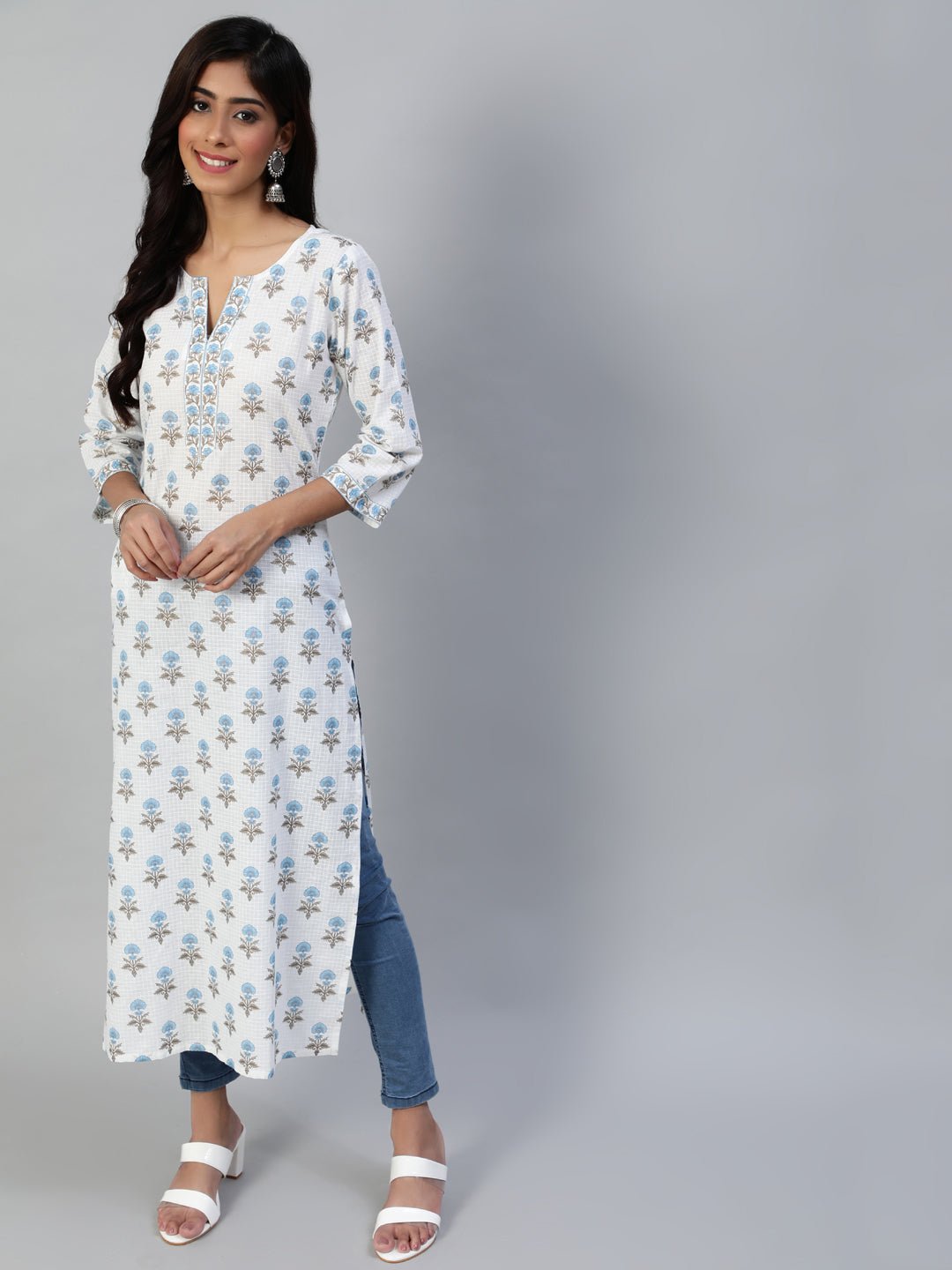 Women Off White Printed Straight Kurta With Three Quarter Sleeves | NOZ2TOZ - Made In INDIA.