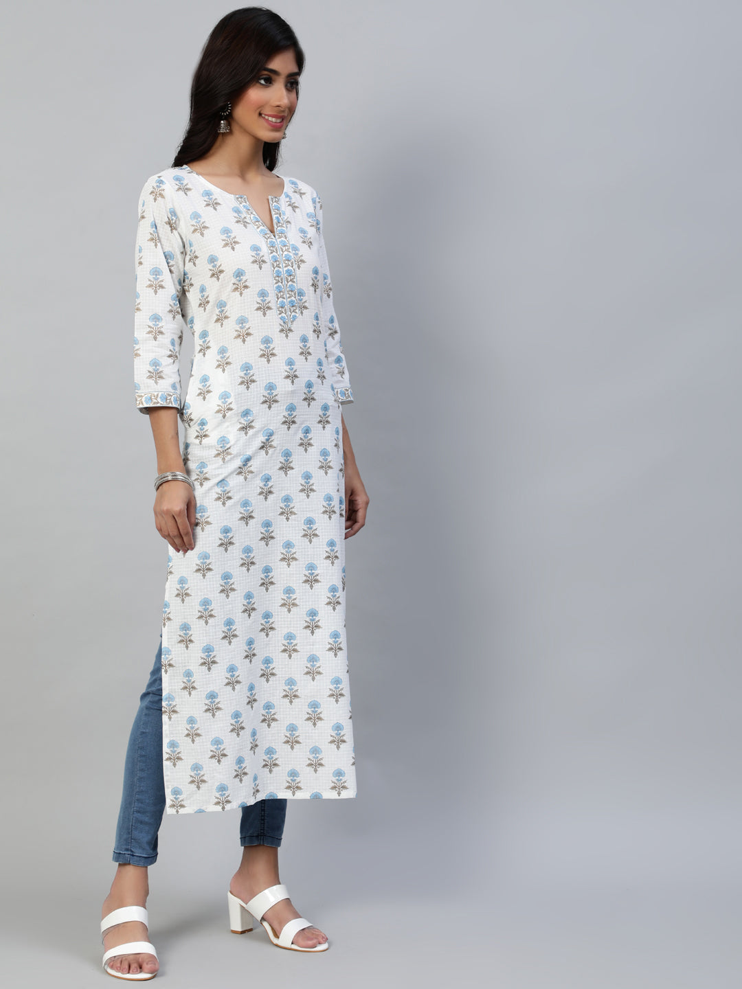 Women Off White Printed Straight Kurta With Three Quarter Sleeves | NOZ2TOZ - Made In INDIA.