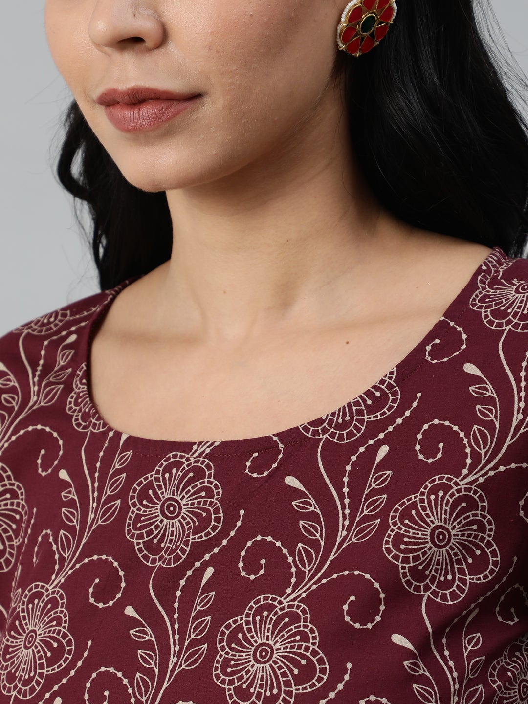 Women Burgundy & Beige Motifs Printed Pure Cotton Kurta With Plazzos And Dupatta | NOZ2TOZ - Made In INDIA.