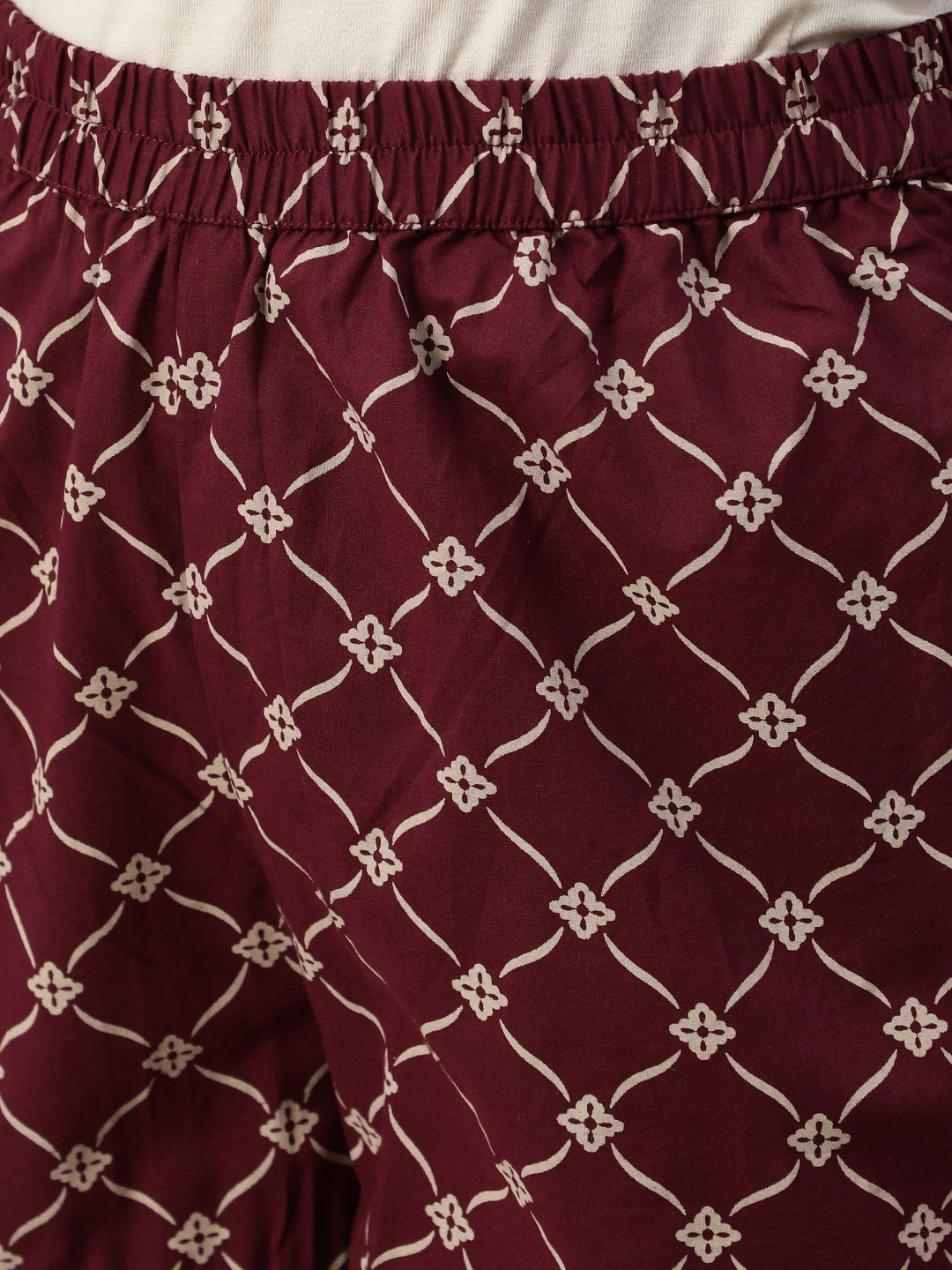 Women Burgundy & Beige Motifs Printed Pure Cotton Kurta With Plazzos And Dupatta | NOZ2TOZ - Made In INDIA.