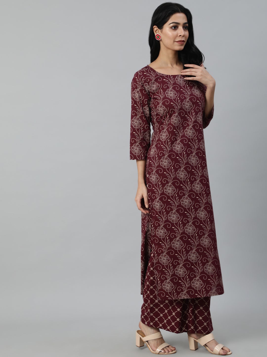 Women Burgundy & Beige Motifs Printed Pure Cotton Kurta With Plazzos And Dupatta | NOZ2TOZ - Made In INDIA.