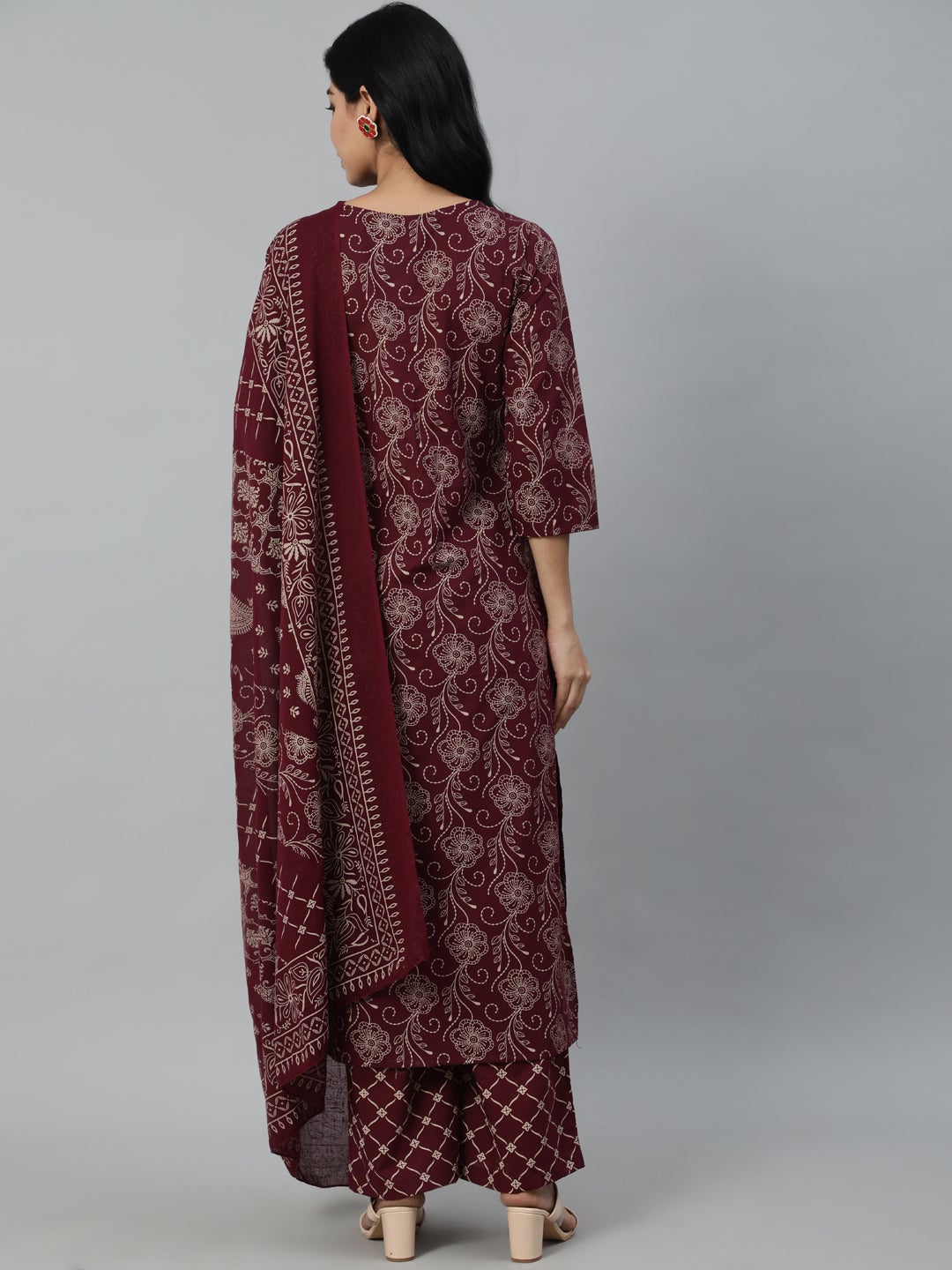 Women Burgundy & Beige Motifs Printed Pure Cotton Kurta With Plazzos And Dupatta | NOZ2TOZ - Made In INDIA.