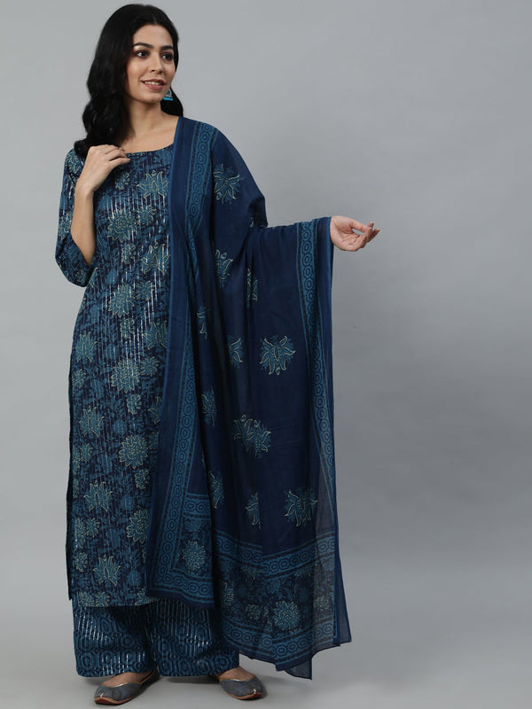 Women Blue Printed Straight Kurta With Plazo & Dupatta | NOZ2TOZ - Made In INDIA.