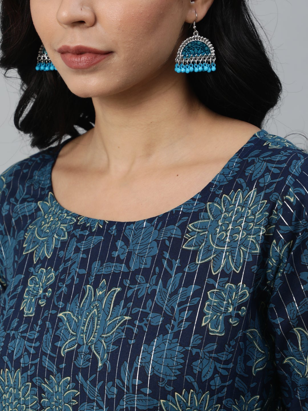 Women Blue Printed Straight Kurta With Plazo & Dupatta | NOZ2TOZ - Made In INDIA.