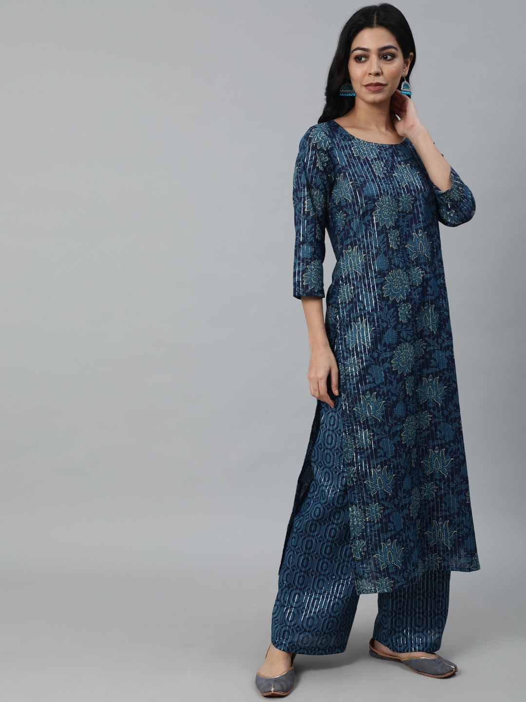 Women Blue Printed Straight Kurta With Plazo & Dupatta | NOZ2TOZ - Made In INDIA.