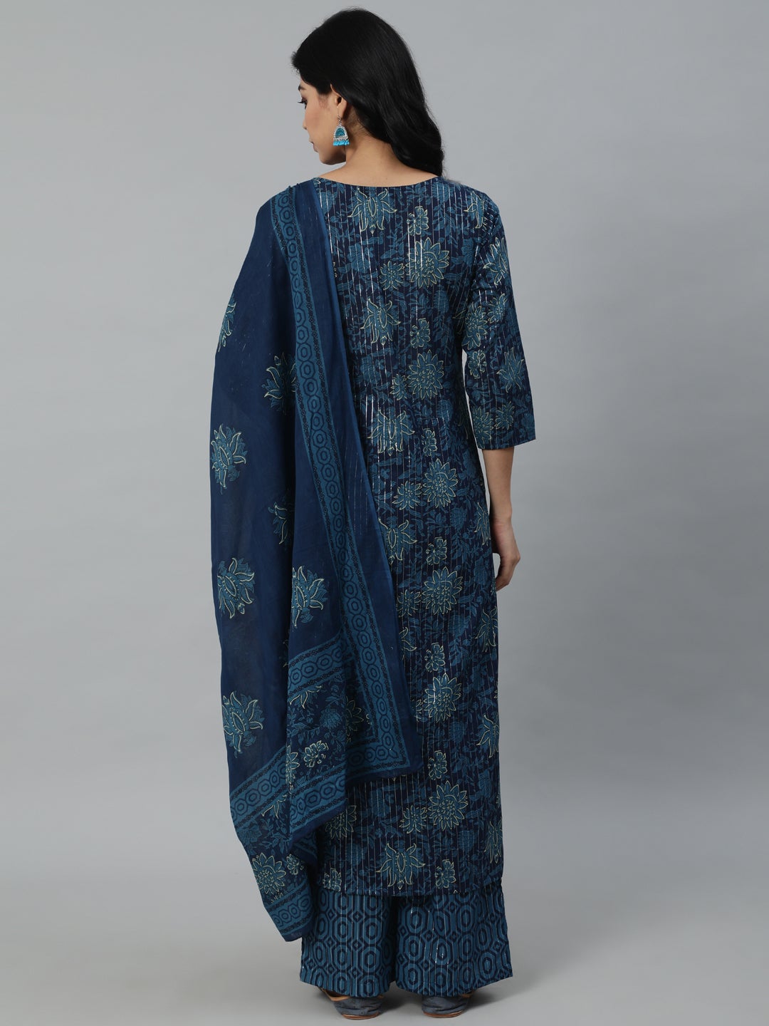 Women Blue Printed Straight Kurta With Plazo & Dupatta | NOZ2TOZ - Made In INDIA.