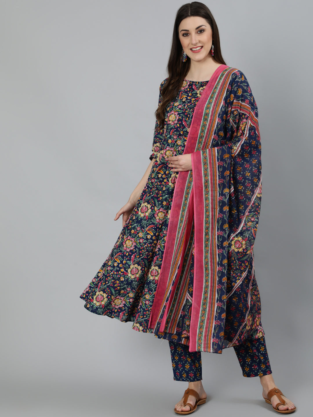 Women Blue Floral Printed Pure Cotton Kurta With Trouser And Dupatta | NOZ2TOZ - Made In INDIA.