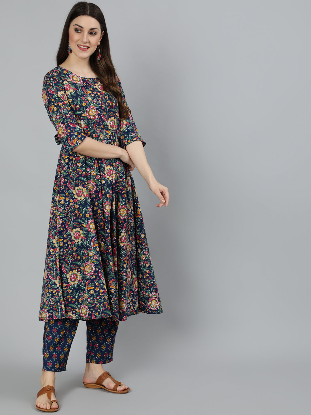 Women Blue Floral Printed Pure Cotton Kurta With Trouser And Dupatta | NOZ2TOZ - Made In INDIA.