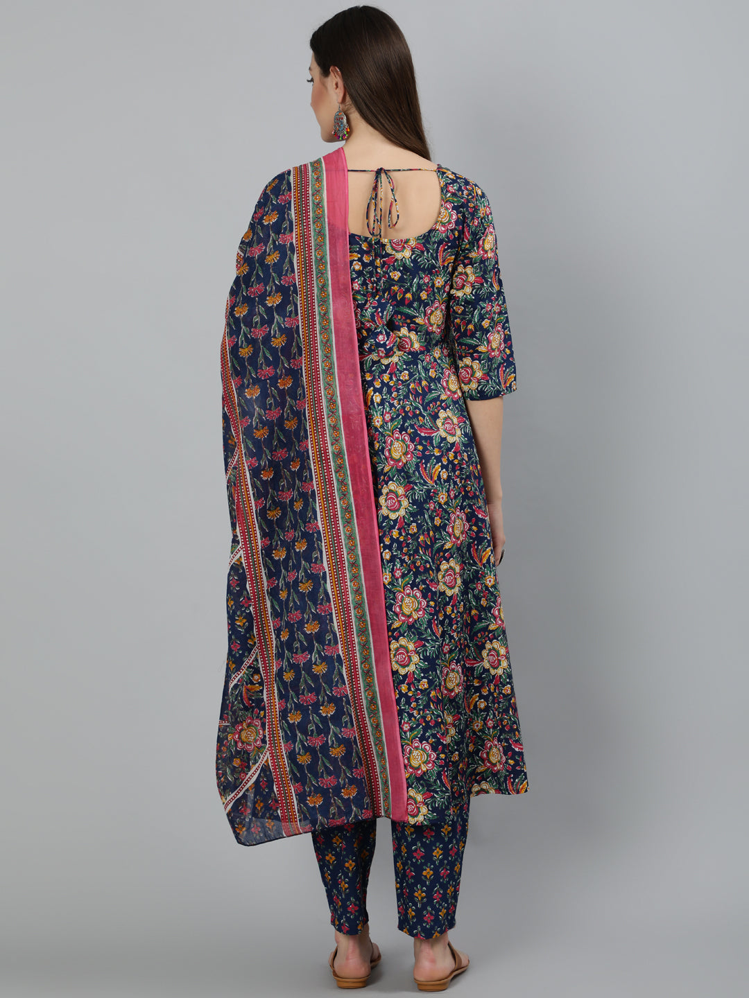 Women Blue Floral Printed Pure Cotton Kurta With Trouser And Dupatta | NOZ2TOZ - Made In INDIA.