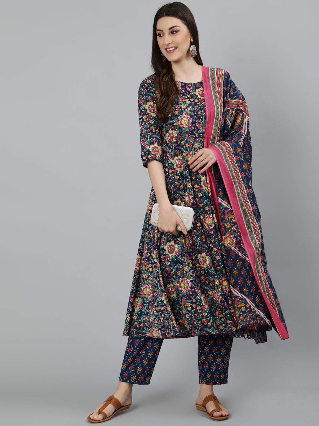 Women Blue Floral Printed Pure Cotton Kurta With Trouser And Dupatta | NOZ2TOZ - Made In INDIA.