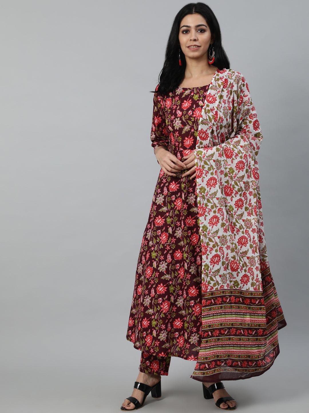 Women Burgundy Printed Flared Kurta With Trouser & Dupatta | NOZ2TOZ - Made In INDIA.