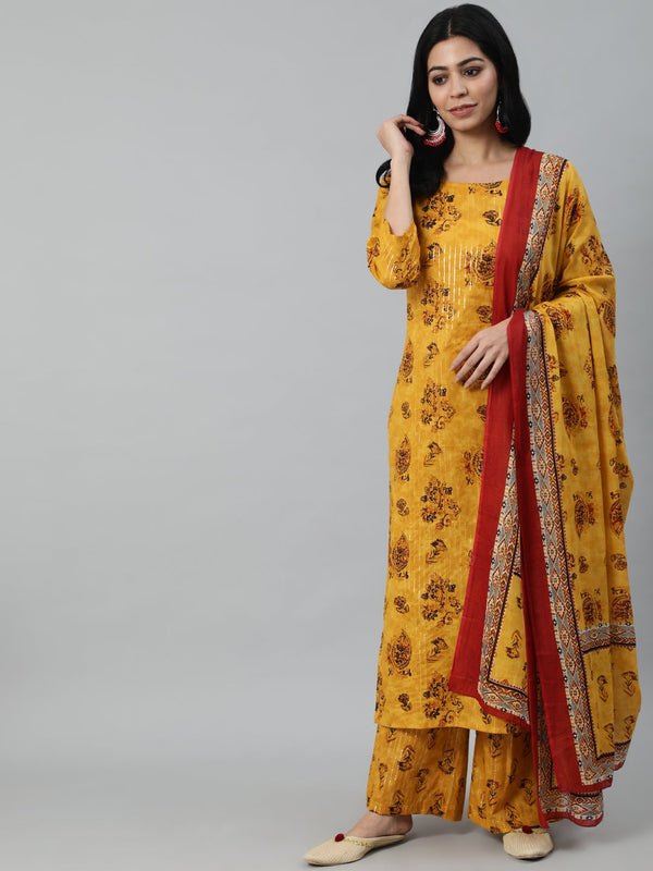 Women Mustard Yellow Ethnic Motifs Printed Layered Pure Cotton Kurta With Plazzos & Dupatta | NOZ2TOZ - Made In INDIA.