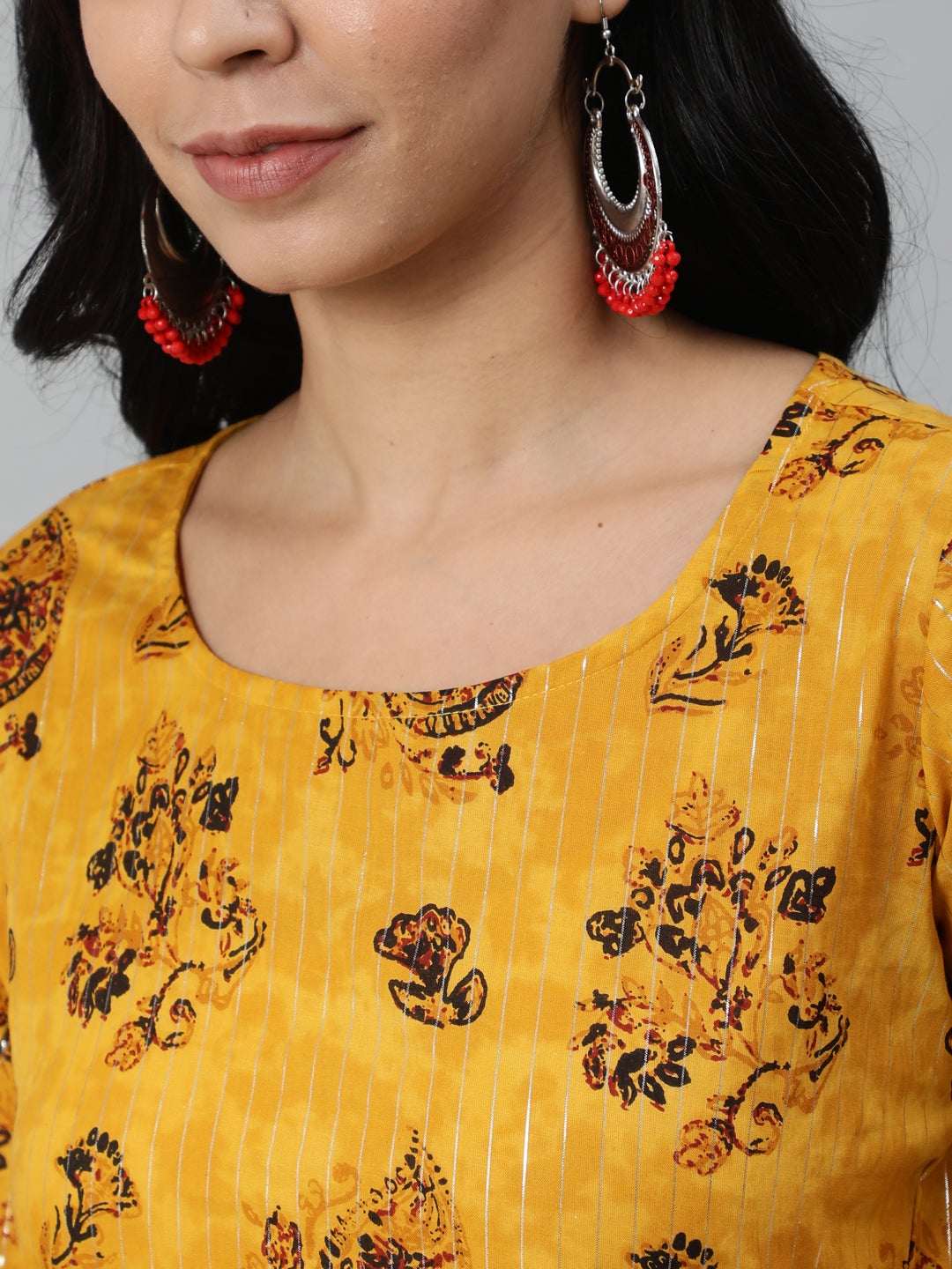 Women Mustard Yellow Ethnic Motifs Printed Layered Pure Cotton Kurta With Plazzos & Dupatta | NOZ2TOZ - Made In INDIA.