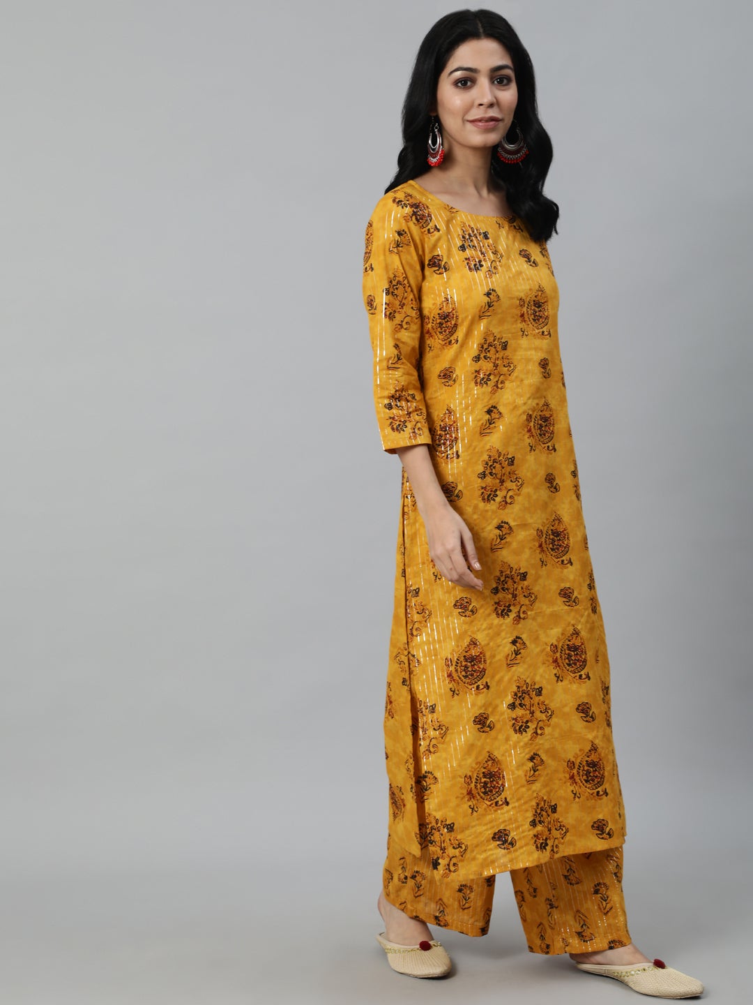 Women Mustard Yellow Ethnic Motifs Printed Layered Pure Cotton Kurta With Plazzos & Dupatta | NOZ2TOZ - Made In INDIA.