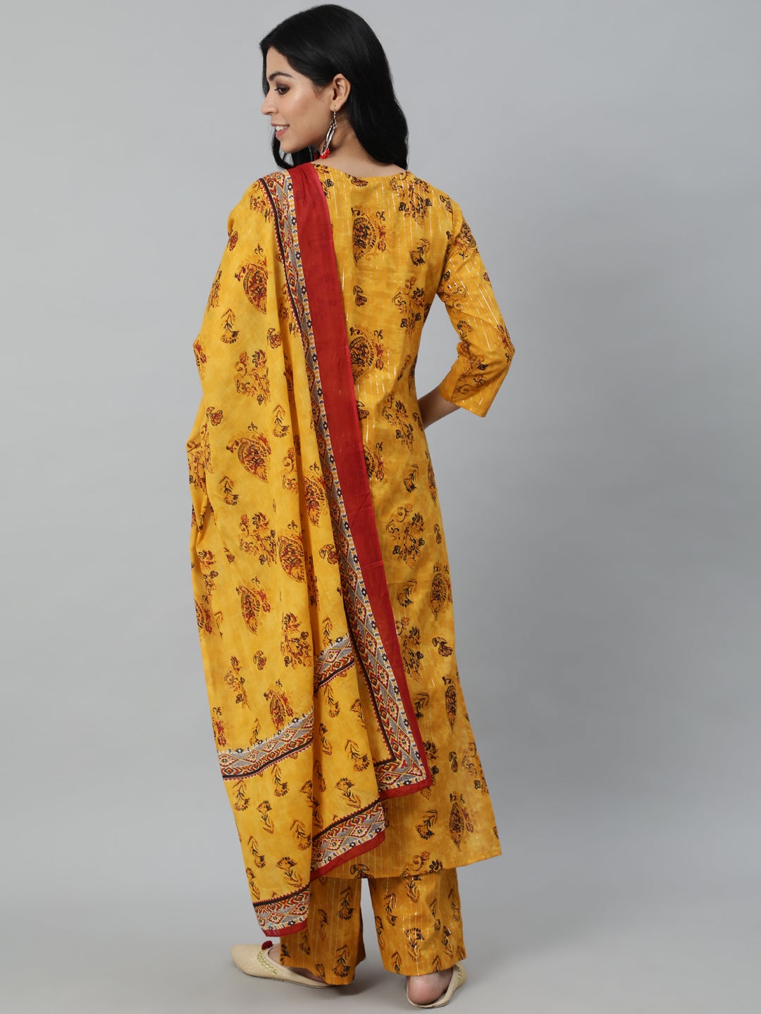 Women Mustard Yellow Ethnic Motifs Printed Layered Pure Cotton Kurta With Plazzos & Dupatta | NOZ2TOZ - Made In INDIA.