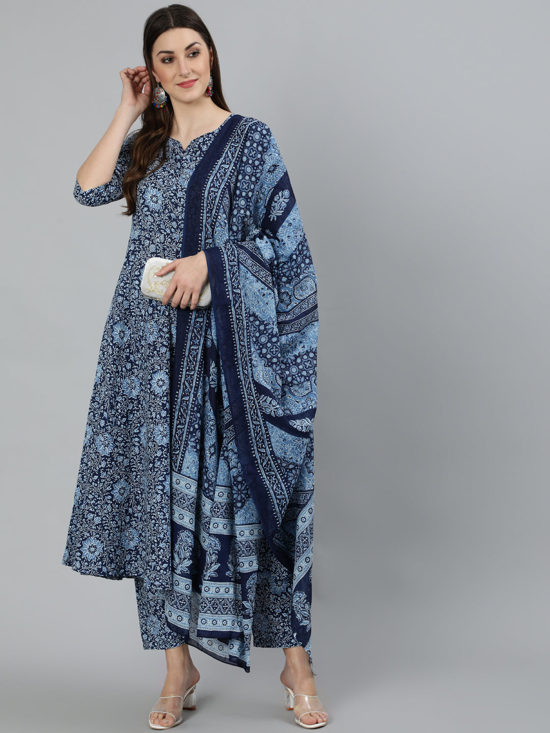 Women Blue Ethnic Motifs Printed  Pure Cotton Kurta with Palazzos & Dupatta | NOZ2TOZ - Made In INDIA.