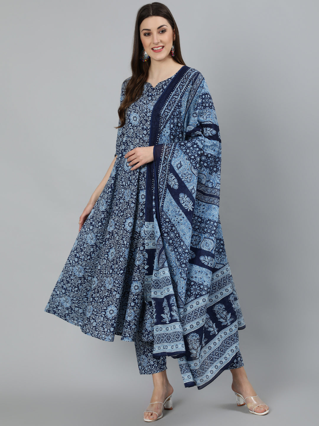 Women Blue Ethnic Motifs Printed  Pure Cotton Kurta with Palazzos & Dupatta | NOZ2TOZ - Made In INDIA.