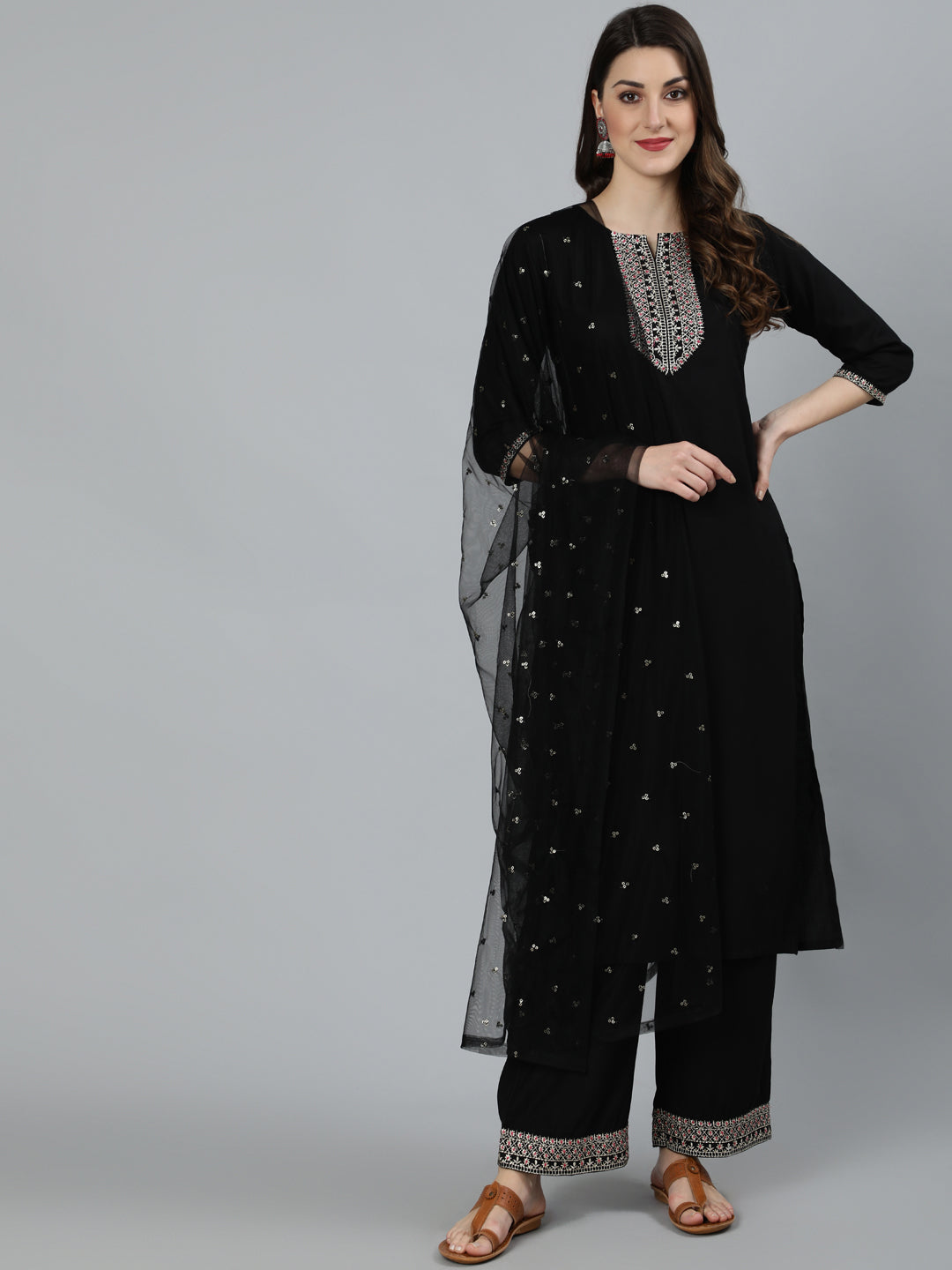 Women Black Embroidered Straight Kurta With Plazo & Dupatta | NOZ2TOZ - Made In INDIA.