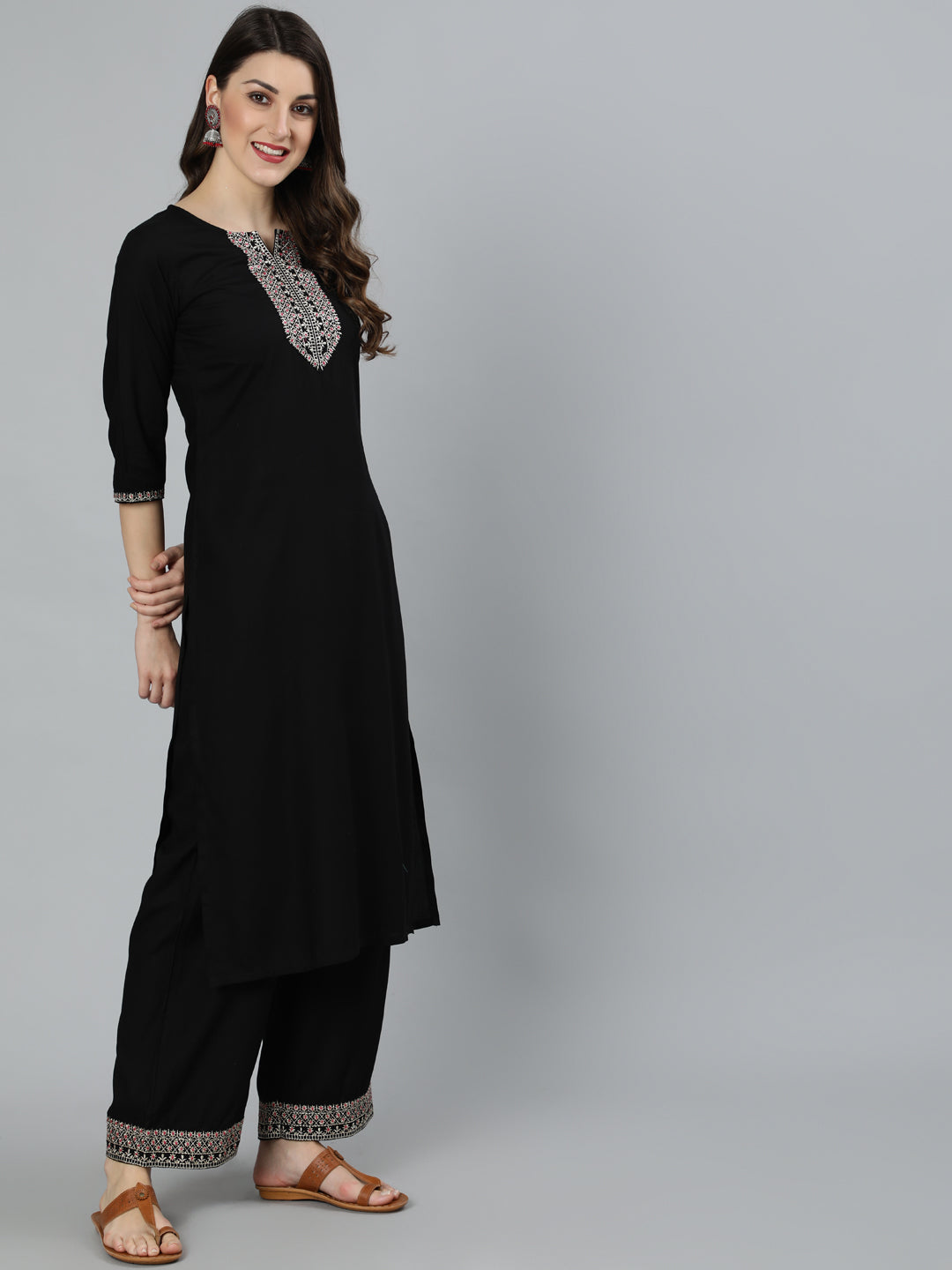 Women Black Embroidered Straight Kurta With Plazo & Dupatta | NOZ2TOZ - Made In INDIA.