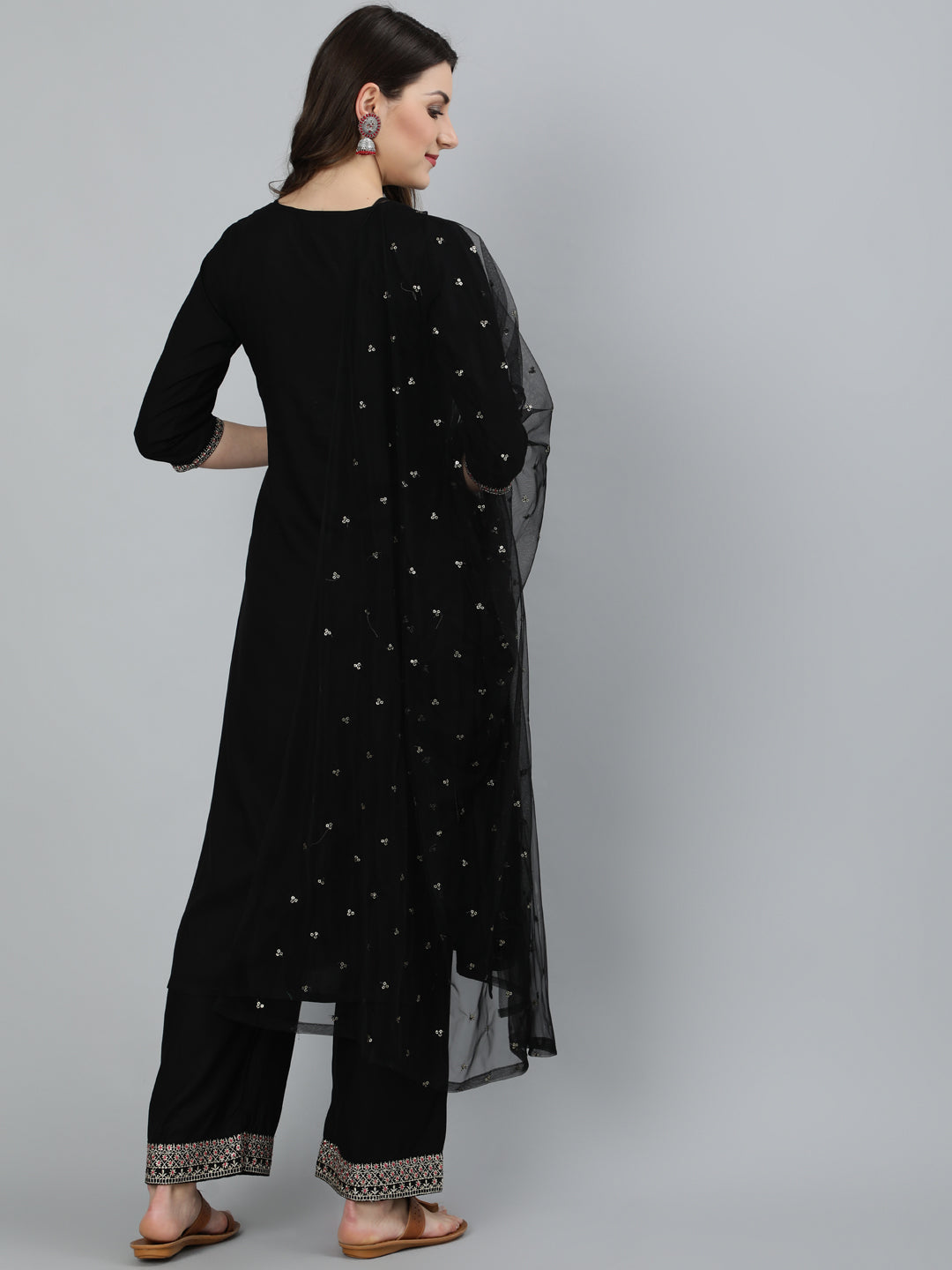 Women Black Embroidered Straight Kurta With Plazo & Dupatta | NOZ2TOZ - Made In INDIA.