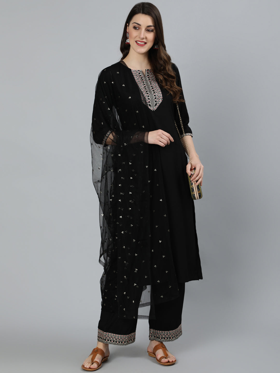 Women Black Embroidered Straight Kurta With Plazo & Dupatta | NOZ2TOZ - Made In INDIA.