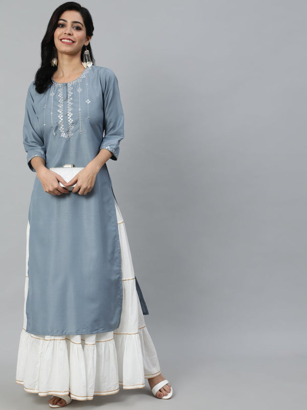 Women Grey Mirror Work Embroidered Straight Kurta With Three Quarter Sleeves | NOZ2TOZ - Made In INDIA.