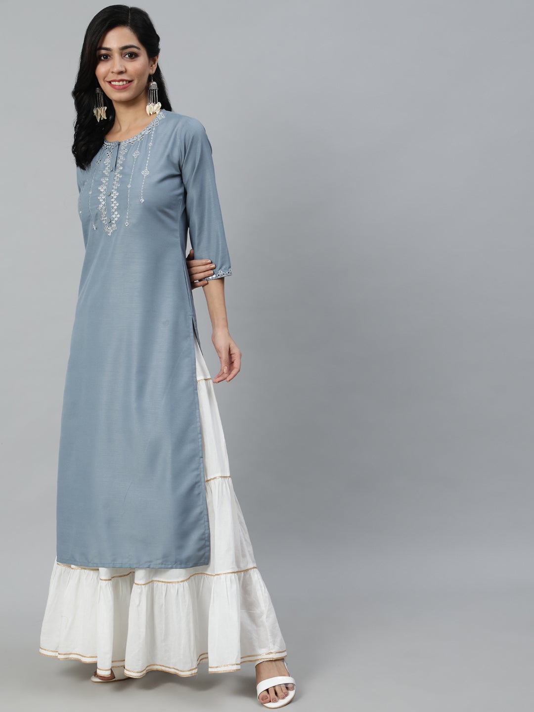 Women Grey Mirror Work Embroidered Straight Kurta With Three Quarter Sleeves | NOZ2TOZ - Made In INDIA.